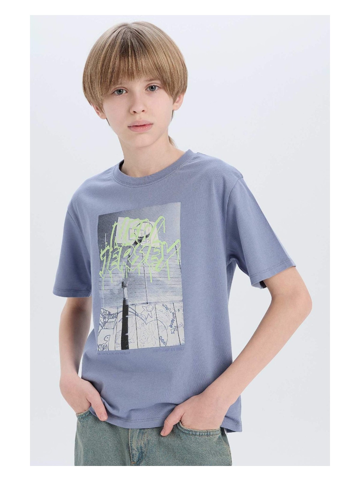 DeFacto Bisiklet Yaka Baskılı Kısa Kollu Tişört Erkek Çocuk D9280A825SM