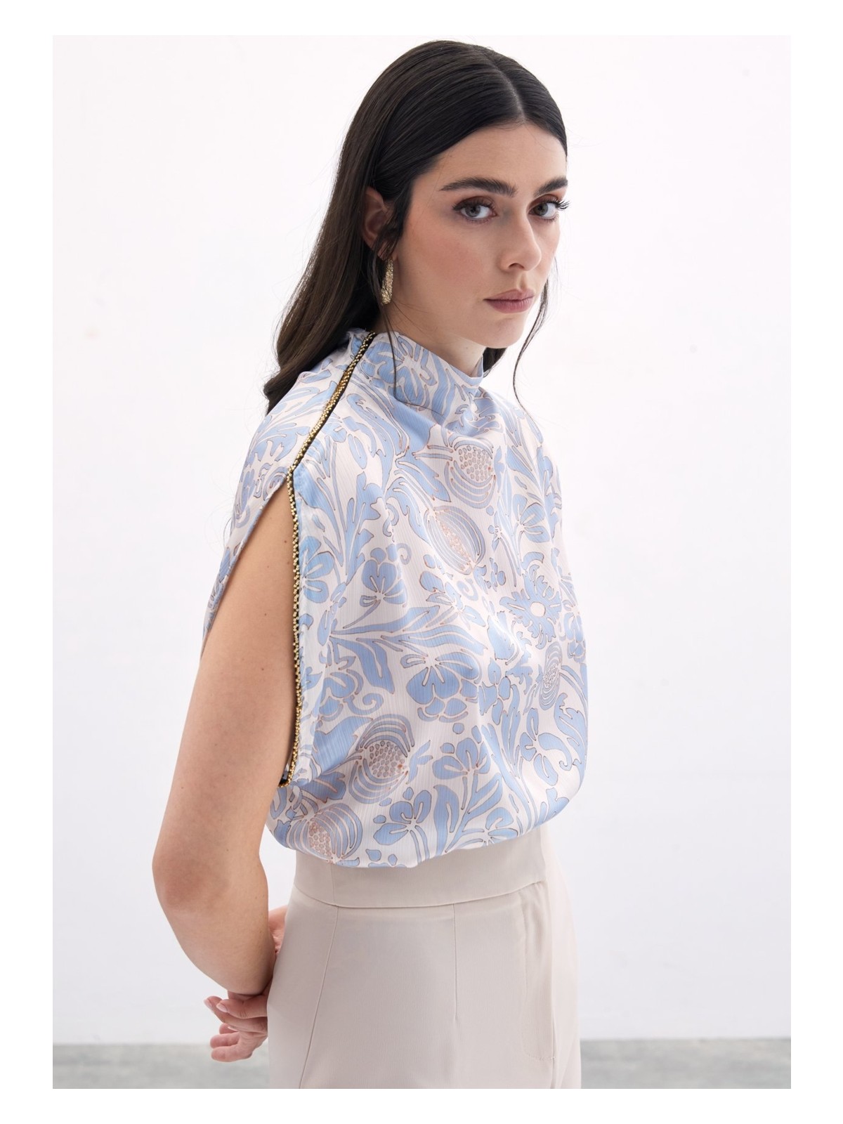 Sateen Aksesuarlı Yarasa Kol Bluz - Mavi