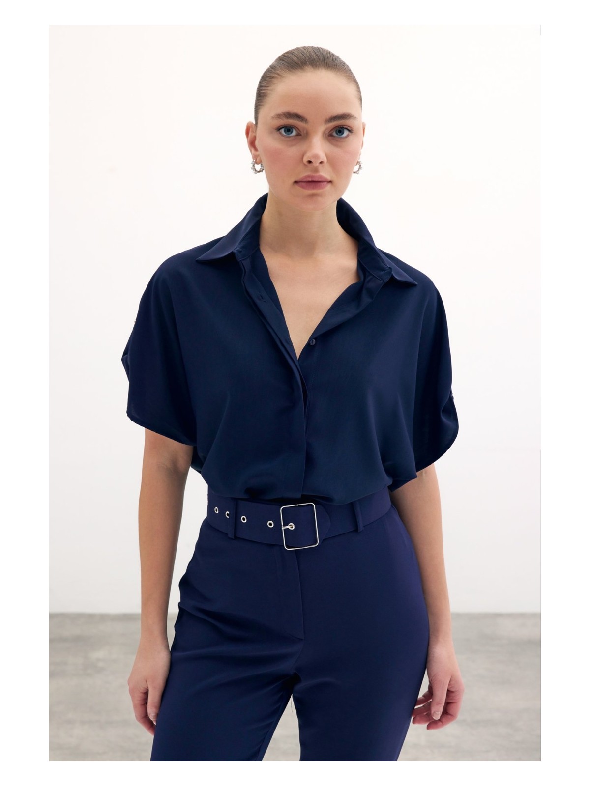 Sateen Kol Detaylı Salaş Gömlek - Lacivert