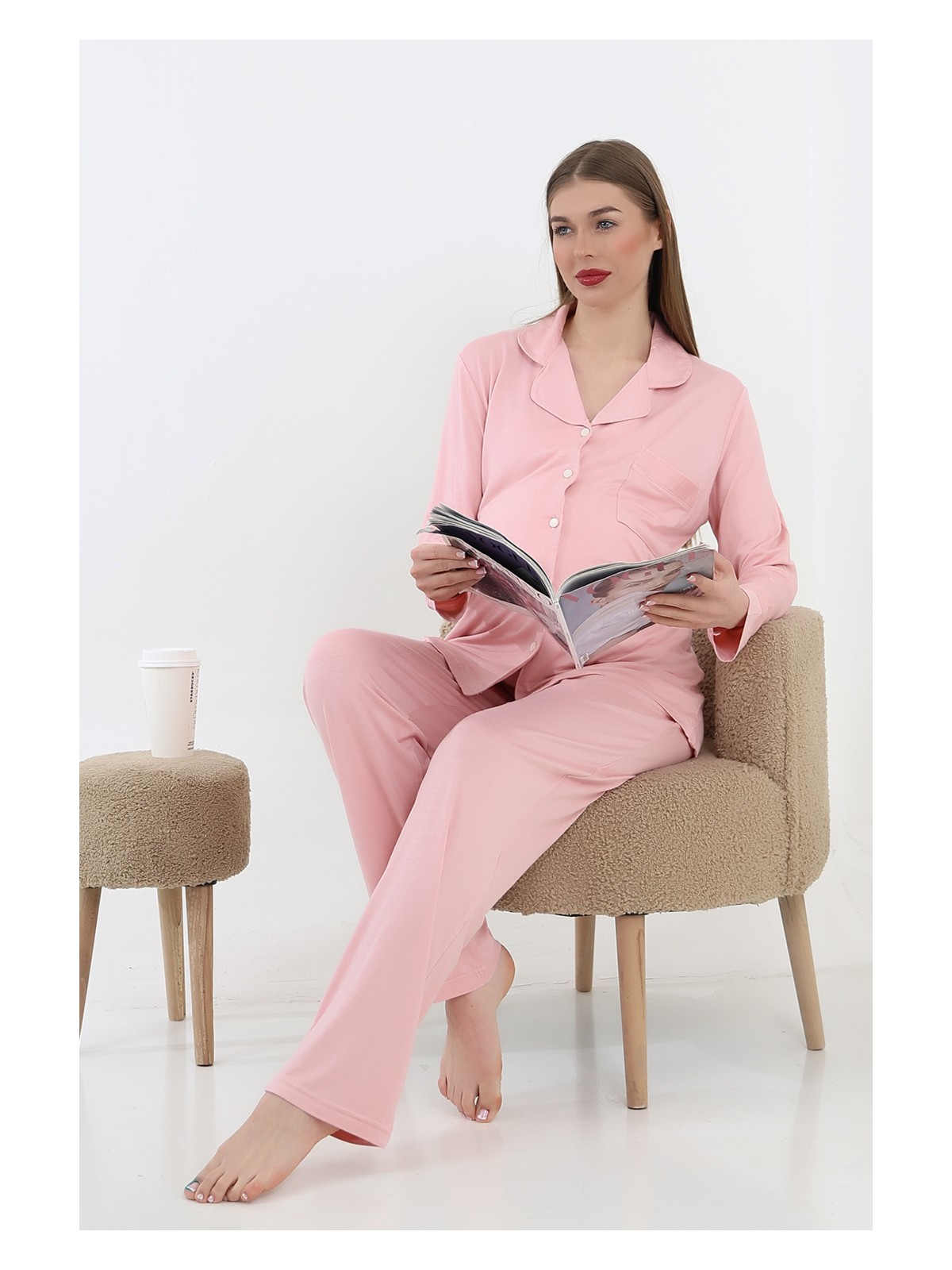 Likapa Önden Düğmeli Hamile Lohusa Uzun Kol Pijama Takımı - Görsel 6