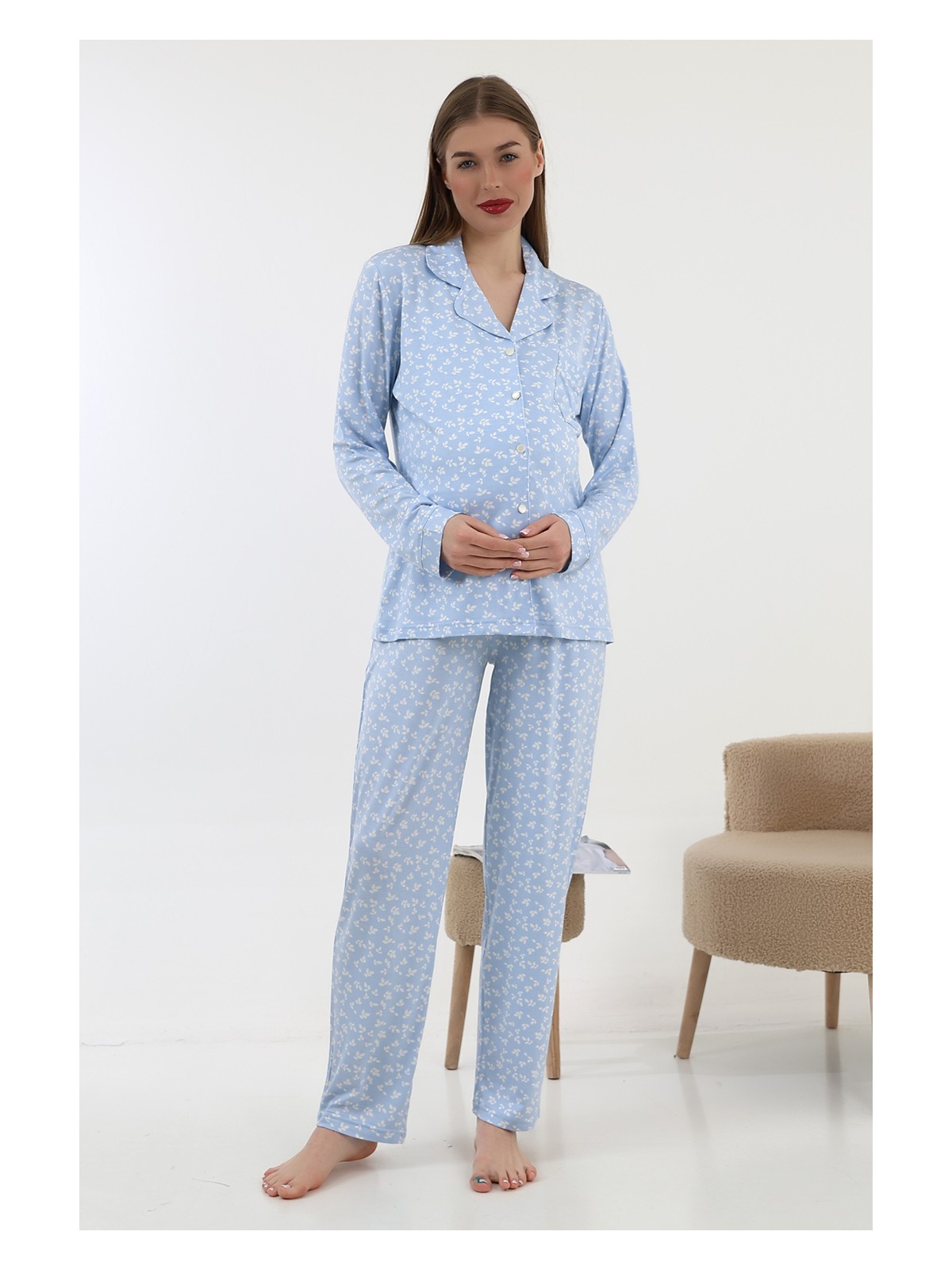 Likapa Önden Düğmeli Hamile Lohusa Uzun Kol Pijama Takımı - Görsel 5