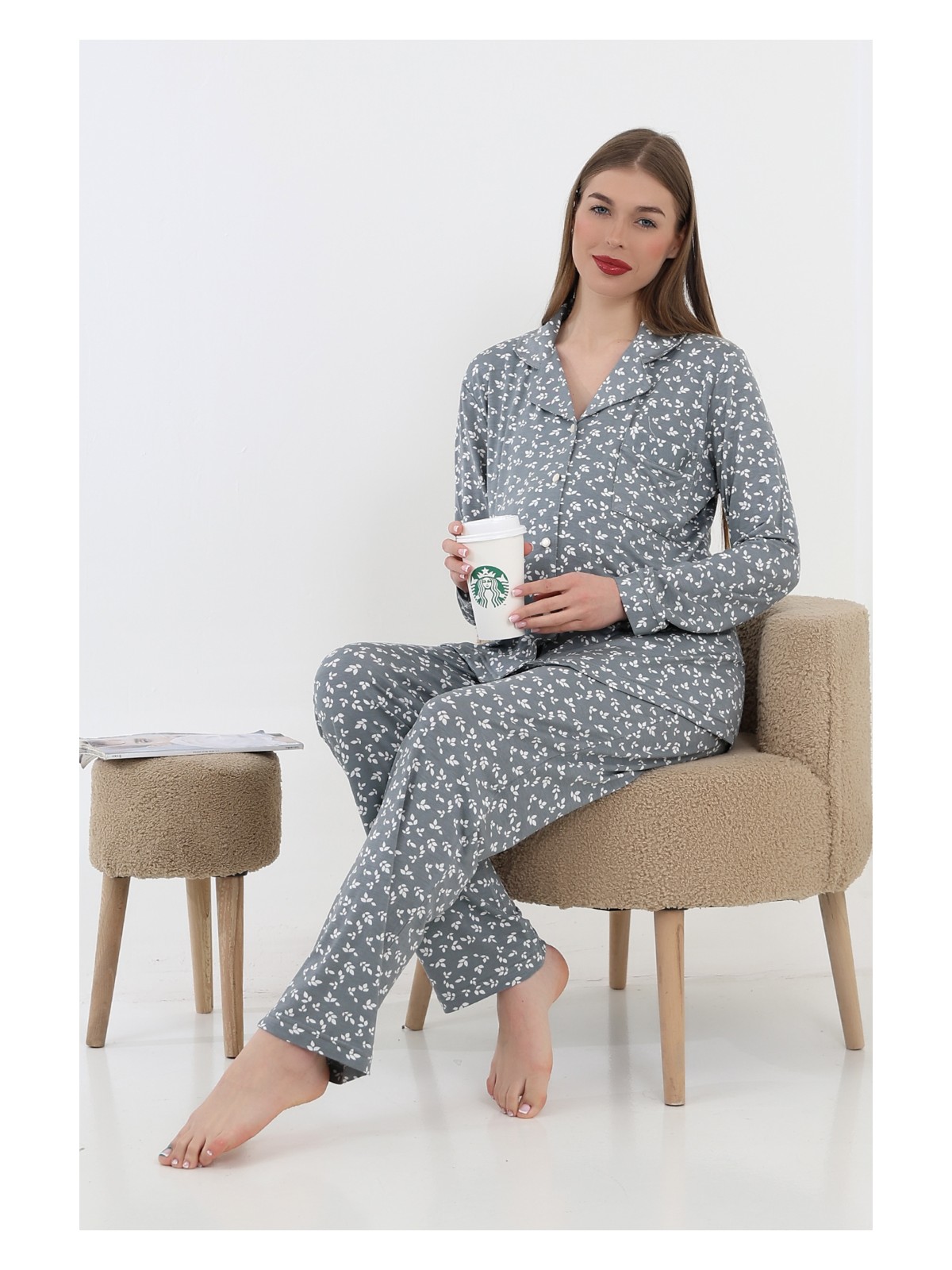 Likapa Önden Düğmeli Hamile Lohusa Uzun Kol Pijama Takımı