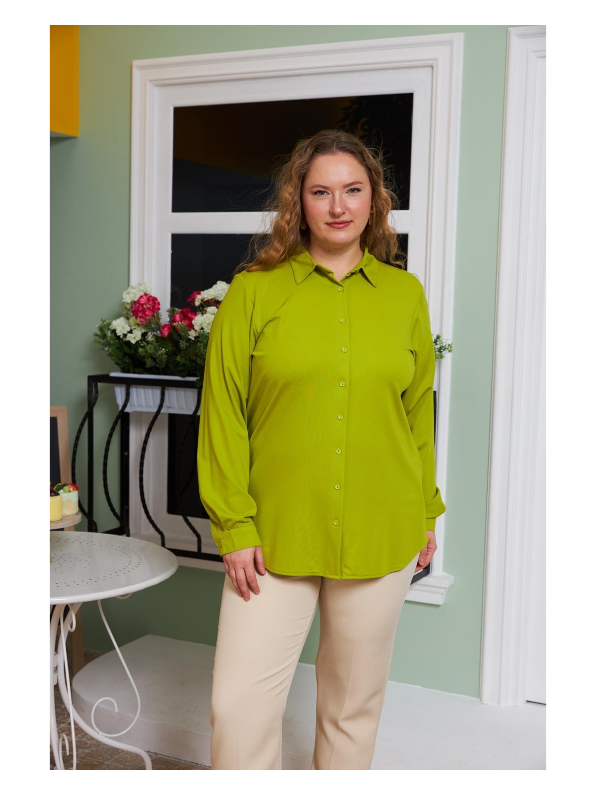 Rmg Büyük Beden Dökümlü Örme Modal Iplik Gömlek Oliv