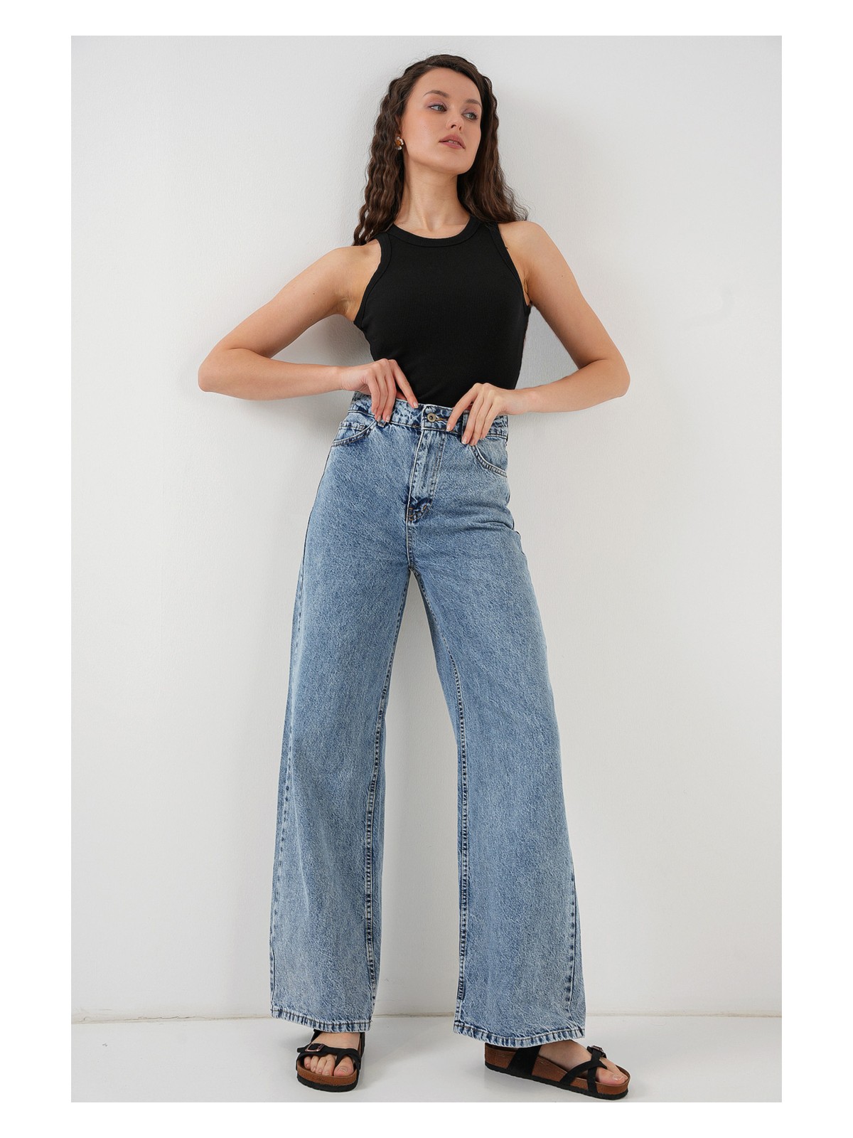 Bigdart Kadın Bol Paça Yüksek Bel Palazzo Kot Pantolon 6656 - Siyah - Görsel 5