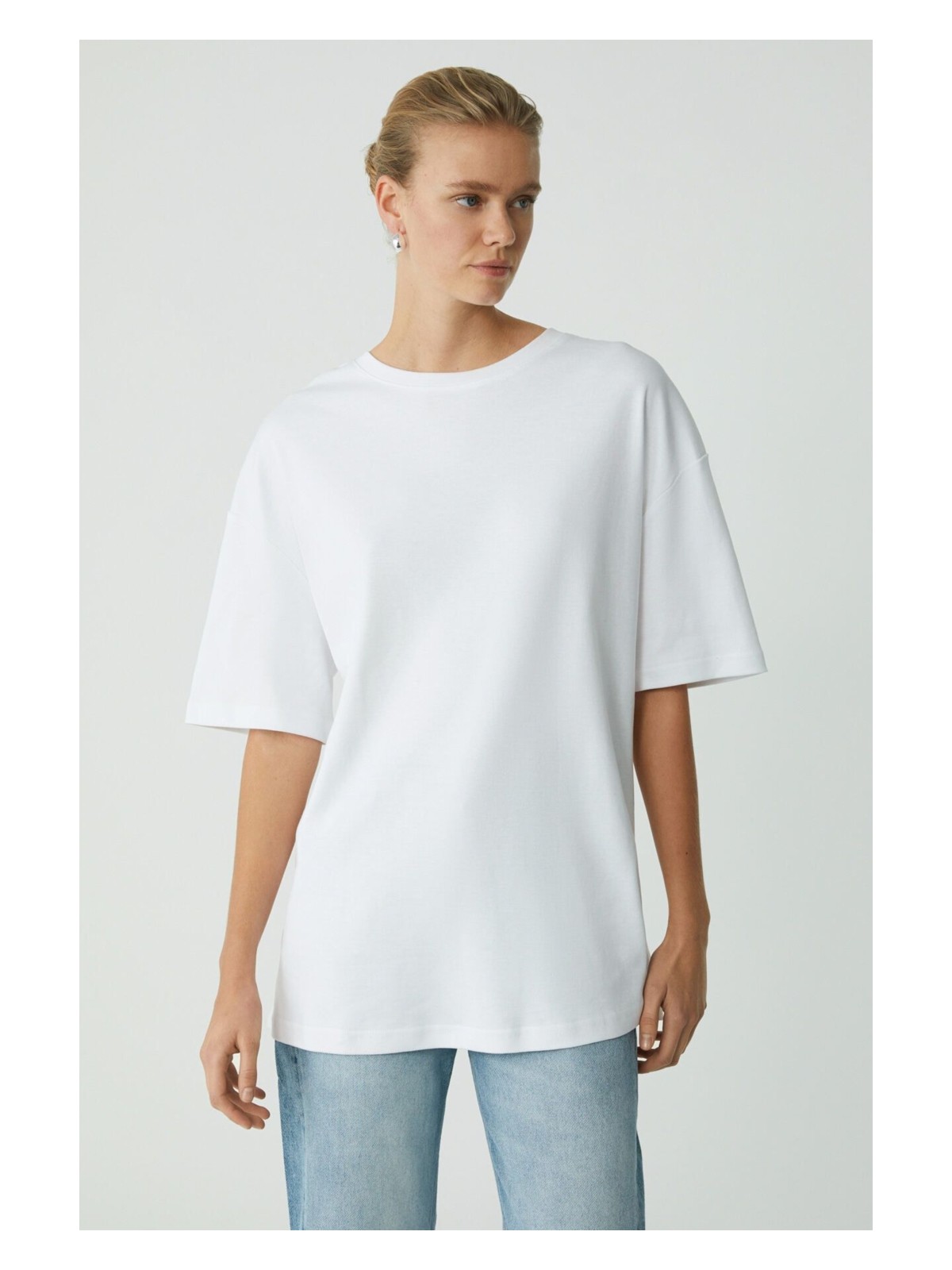 Hot Wheels Modest Vıvıan Kadın %100 Organik Pamuklu Oversize Fit Bisiklet Yaka Basic Ekru Büyük Beden T-shirt