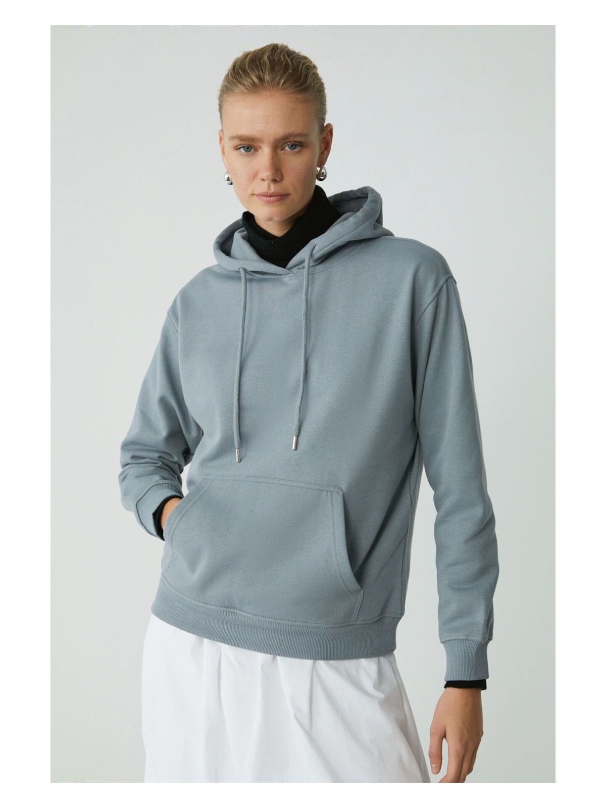 Ethiquet Abelıa Kadın Pamuklu Içi Polarlı Yumuşacık Kalın Kumaşlı Kapüşonlu Örme Grimelanj Sweatshirt - Görsel 3