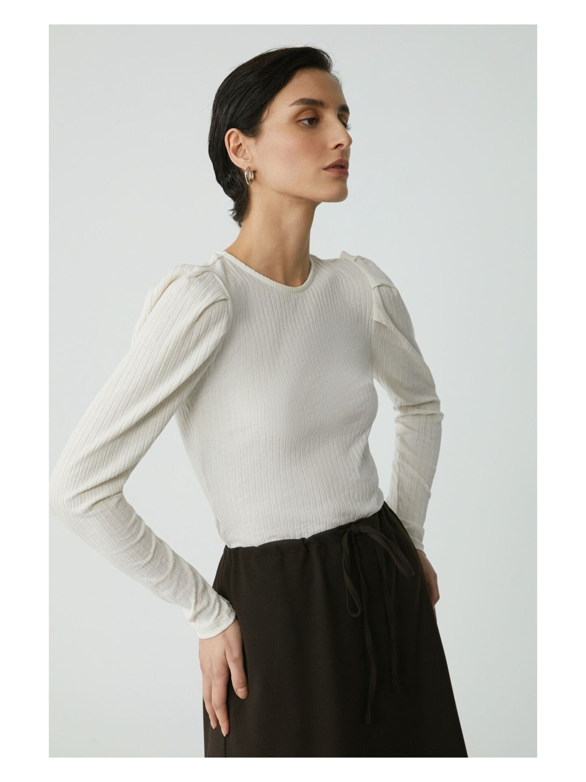 Erpa Lorrıe Kadın Pamuklu Fitilli Görünümlü Yuvarlak Yaka Balon Kol Örme Ekru Bluz