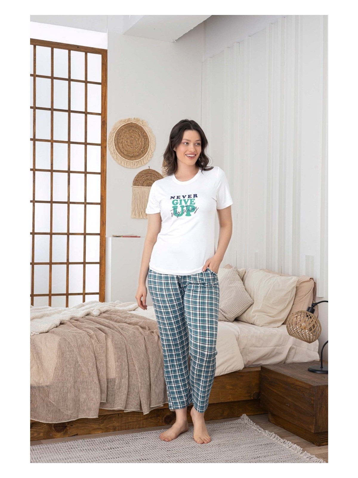 Guava Kadın Düğmesiz Bisiklet Yaka Viskon Yazlık Kısa Kol Cepli Pijama Takımı