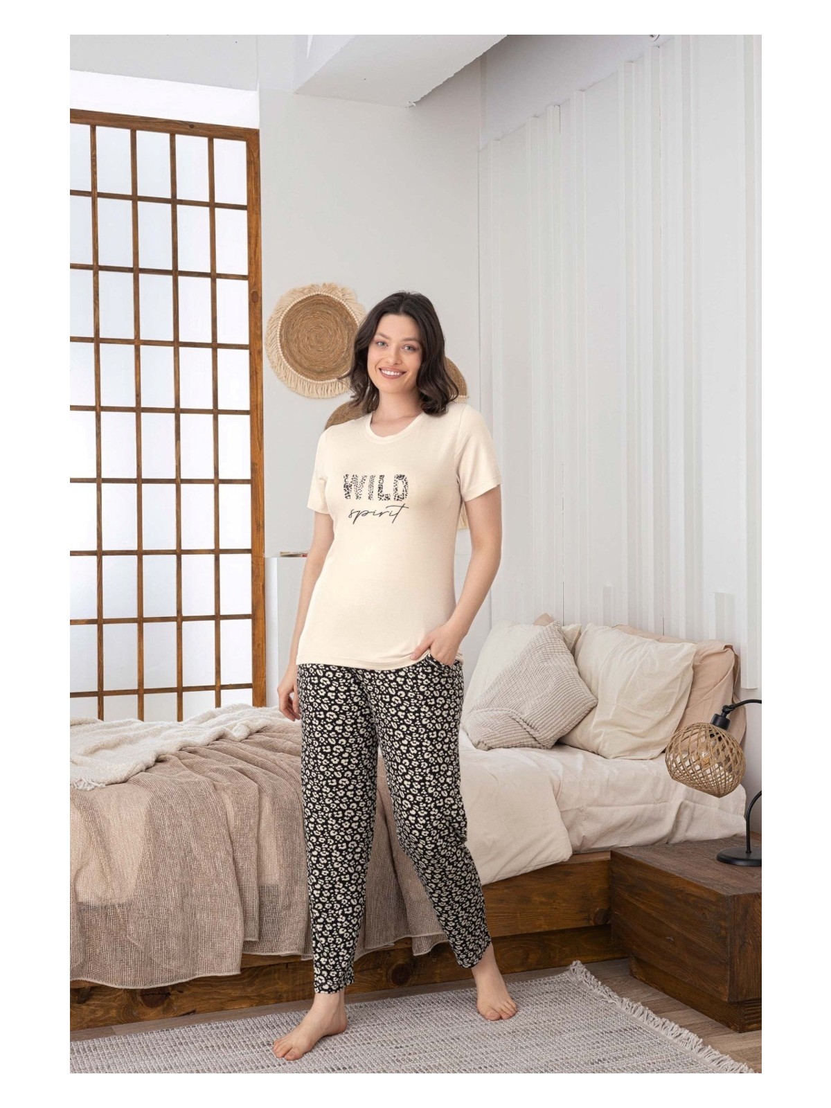 Guava Kadın Düğmesiz Bisiklet Yaka Viskon Yazlık Kısa Kol Cepli Pijama Takımı - Görsel 8