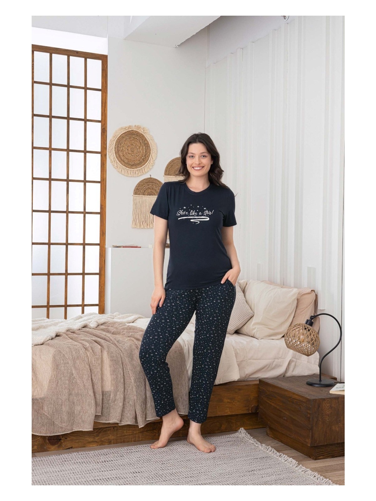 Guava Kadın Düğmesiz Bisiklet Yaka Viskon Yazlık Kısa Kol Cepli Pijama Takımı - Görsel 7