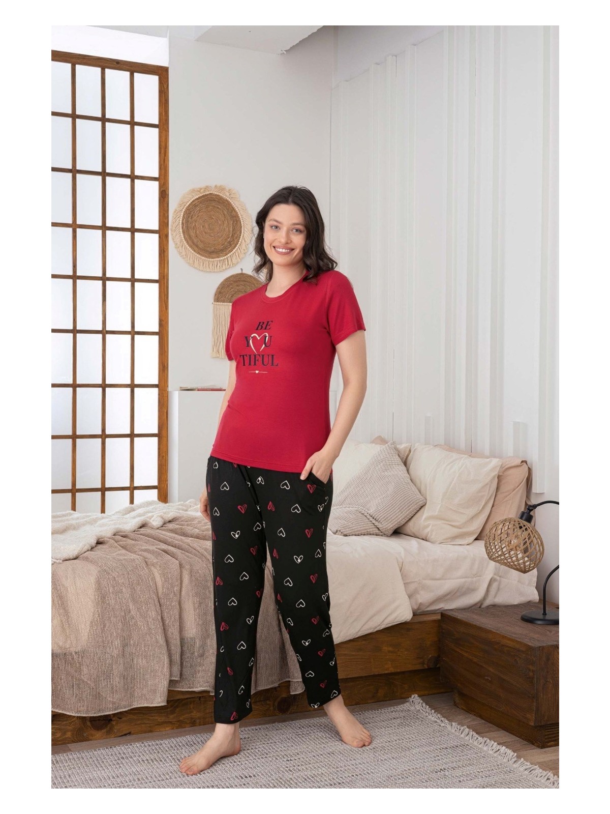 Guava Kadın Düğmesiz Bisiklet Yaka Viskon Yazlık Kısa Kol Cepli Pijama Takımı - Görsel 4