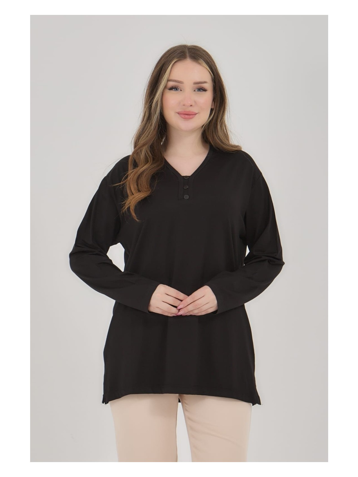 Fresh Moda Kadın V Yaka Likralı Büyük Beden Orta Yaş Anne Penye Bluz