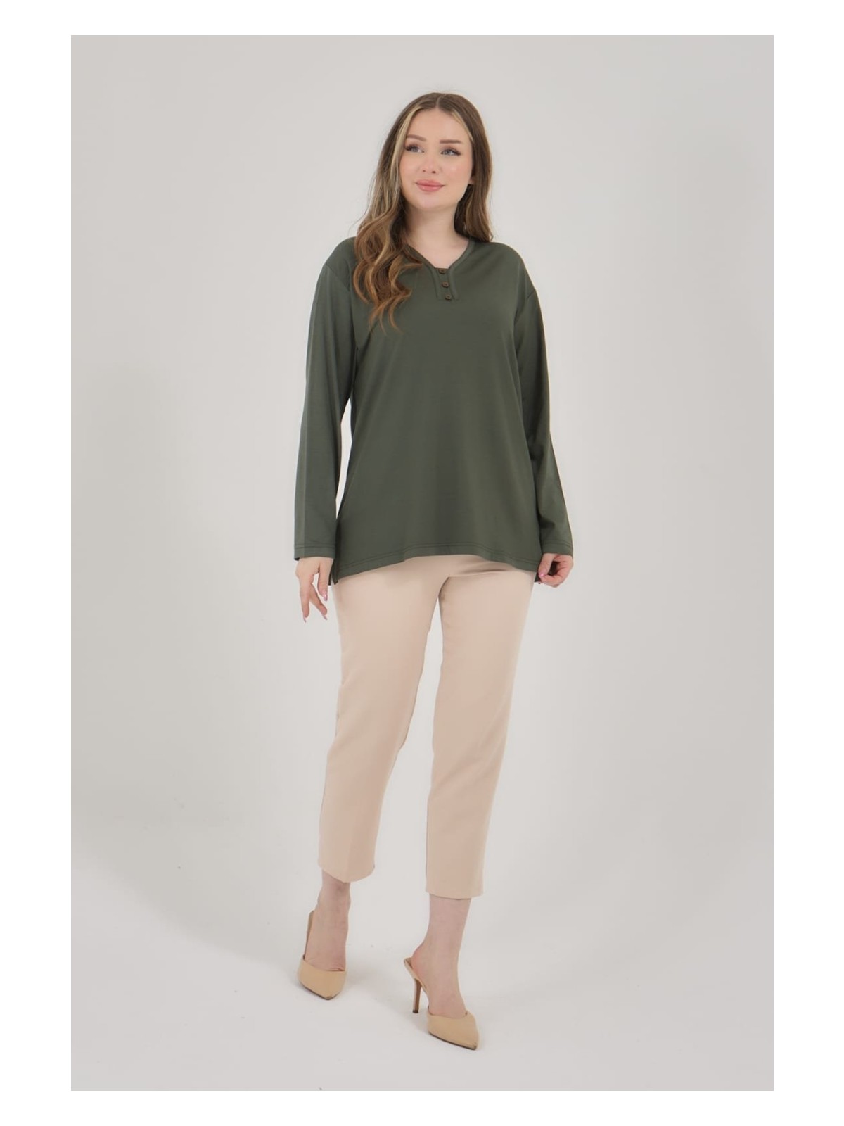 Fresh Moda Kadın V Yaka Likralı Büyük Beden Orta Yaş Anne Penye Bluz - Görsel 8