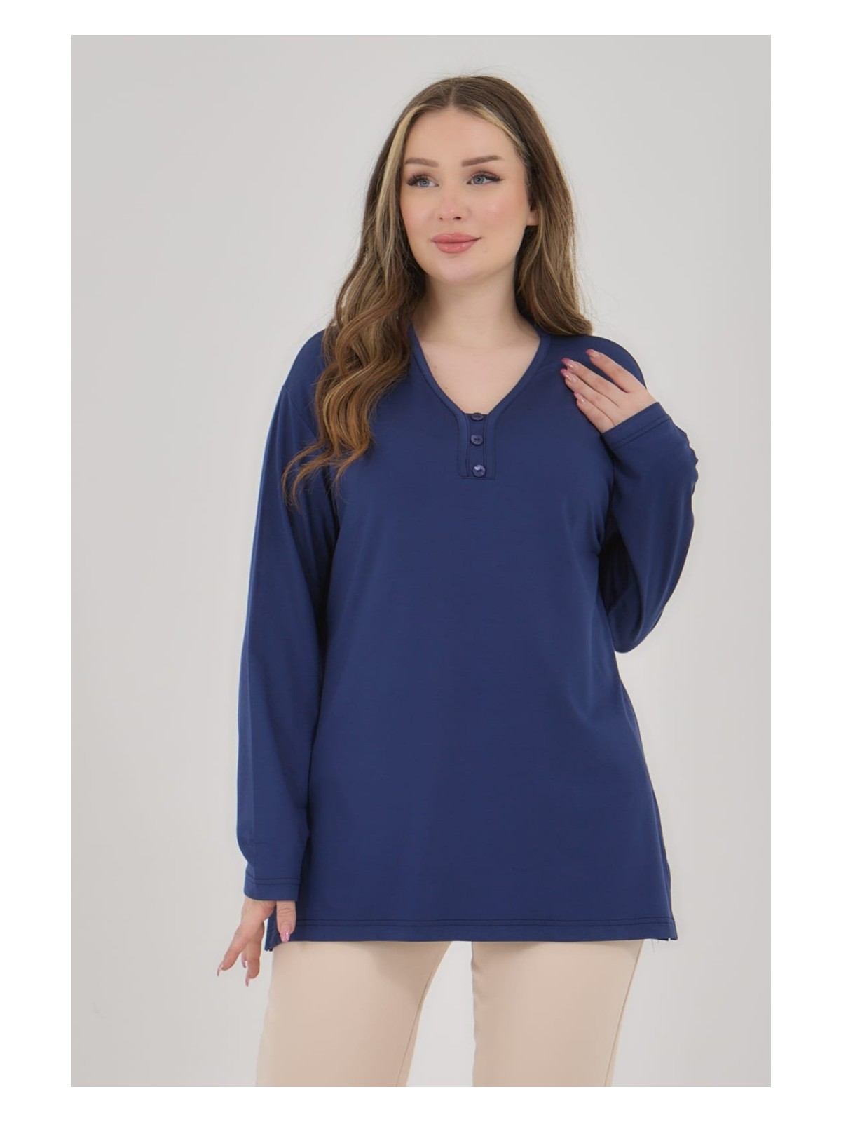 Fresh Moda Kadın V Yaka Likralı Büyük Beden Orta Yaş Anne Penye Bluz