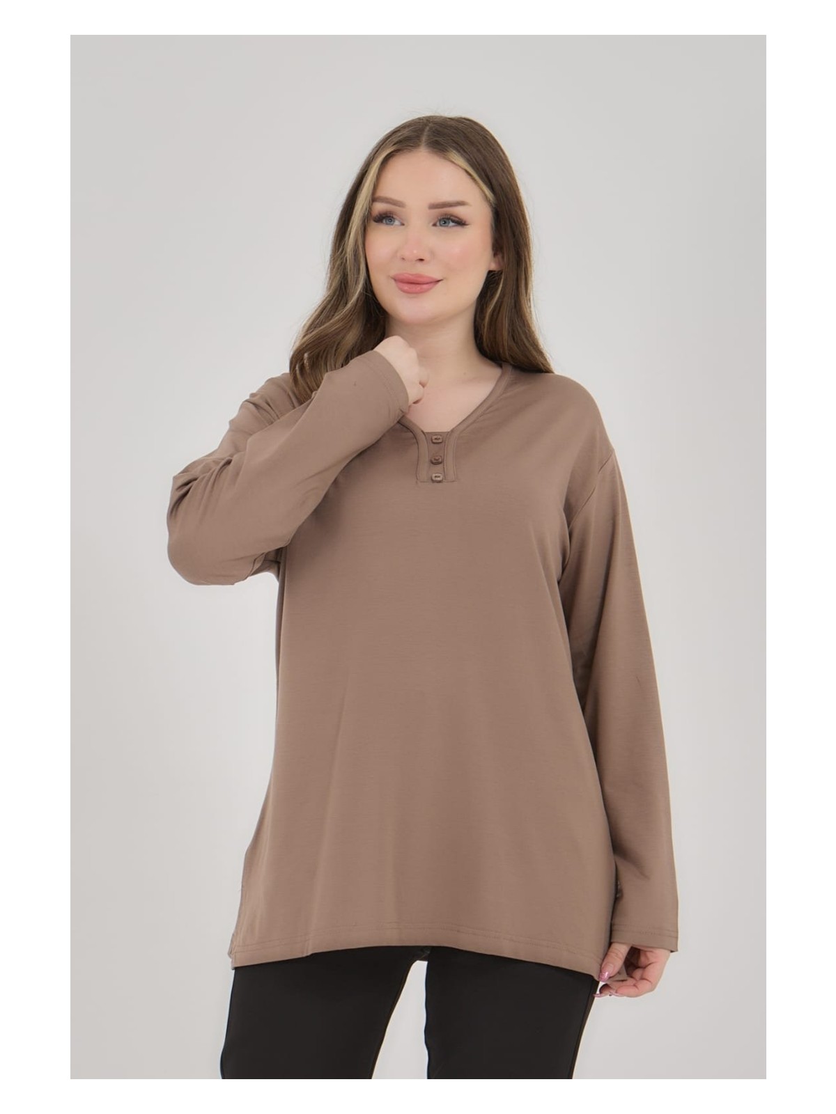 Fresh Moda Kadın V Yaka Likralı Büyük Beden Orta Yaş Anne Penye Bluz - Görsel 5