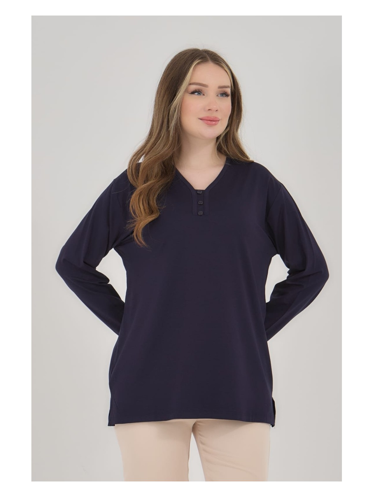 Fresh Moda Kadın V Yaka Likralı Büyük Beden Orta Yaş Anne Penye Bluz - Görsel 7