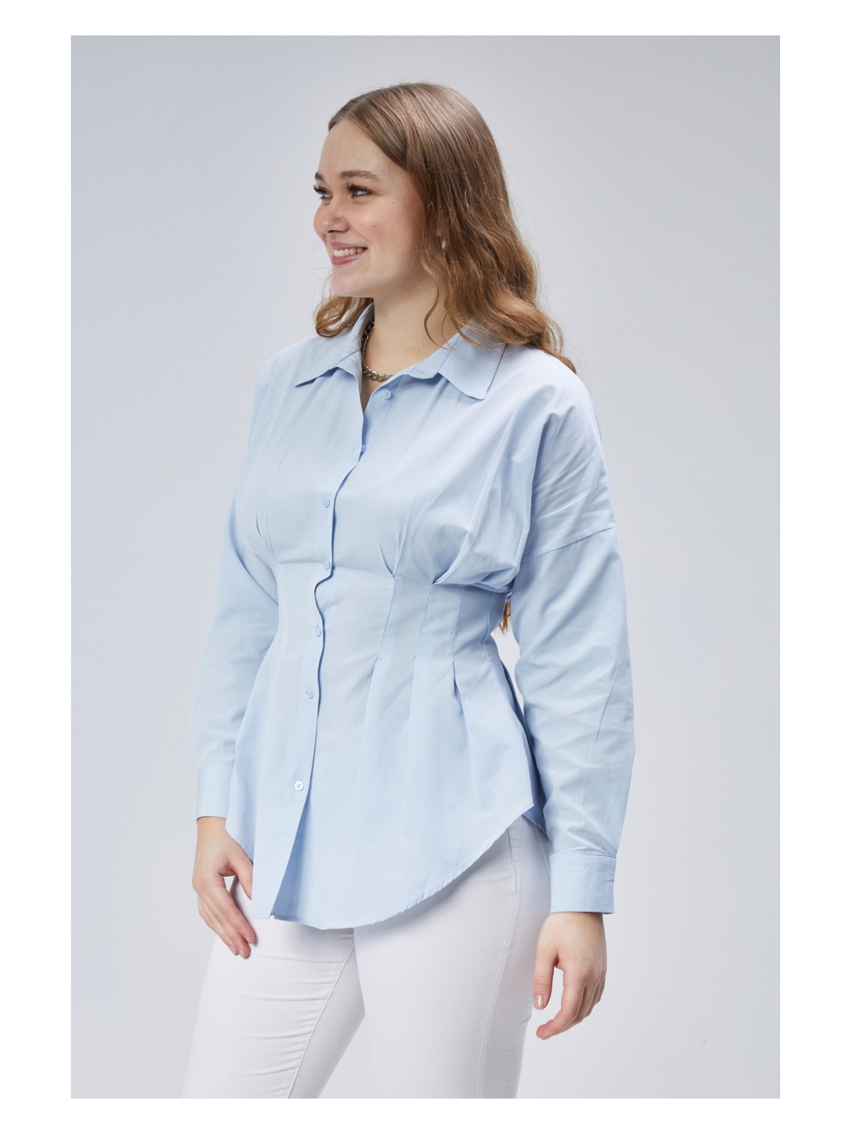 Emmas Clothing Kadın Belden Oturtmalı Pileli Saks Gömlek - Görsel 3