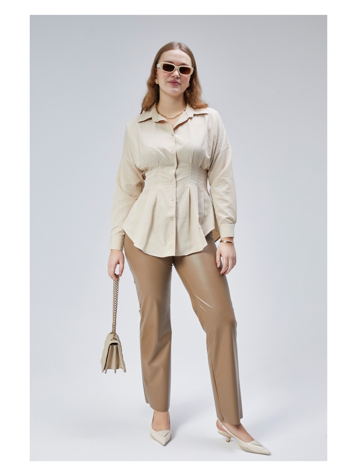 Emmas Clothing Kadın Belden Oturtmalı Pileli Saks Gömlek - Görsel 7