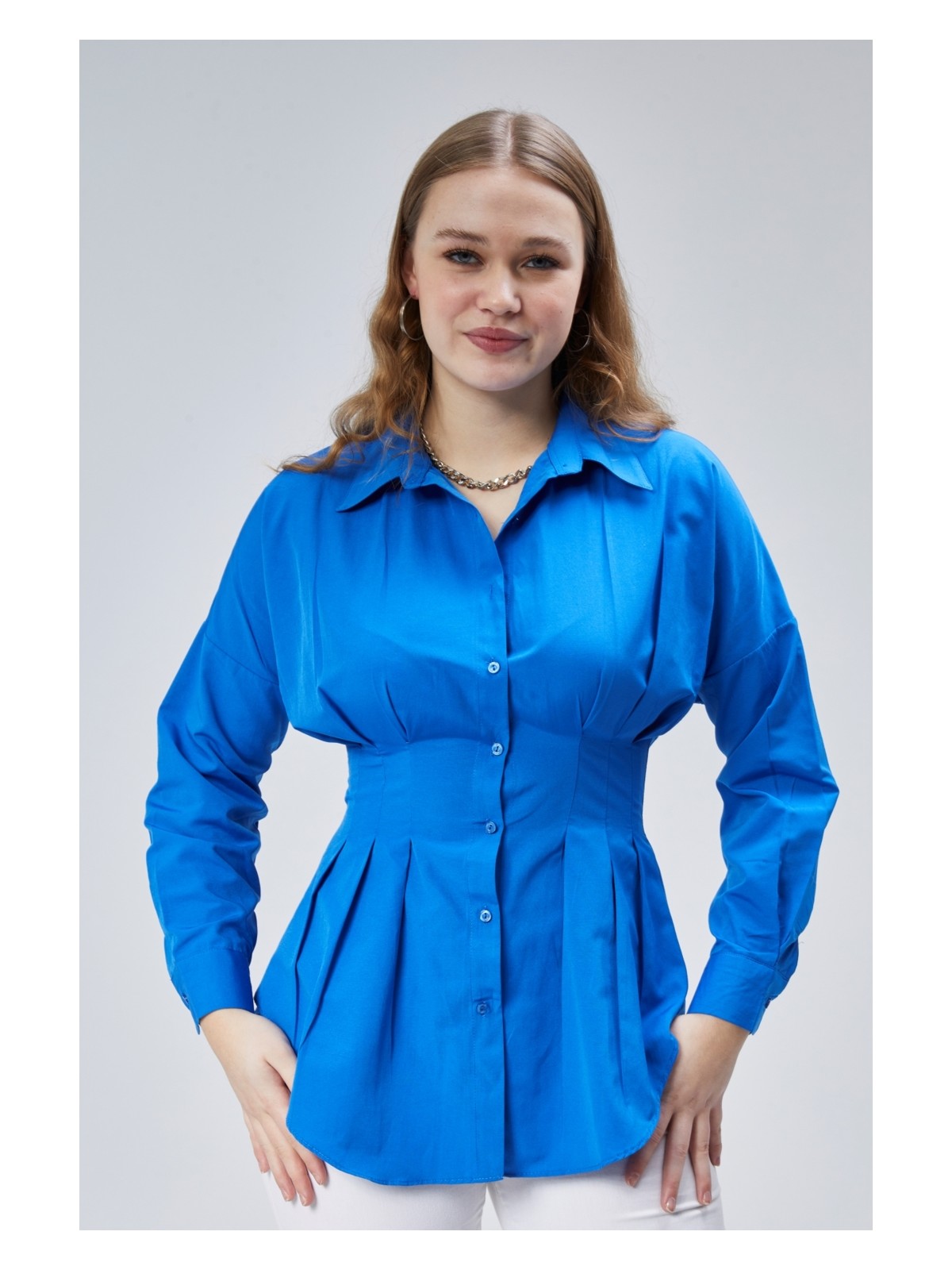 Emmas Clothing Kadın Belden Oturtmalı Pileli Saks Gömlek