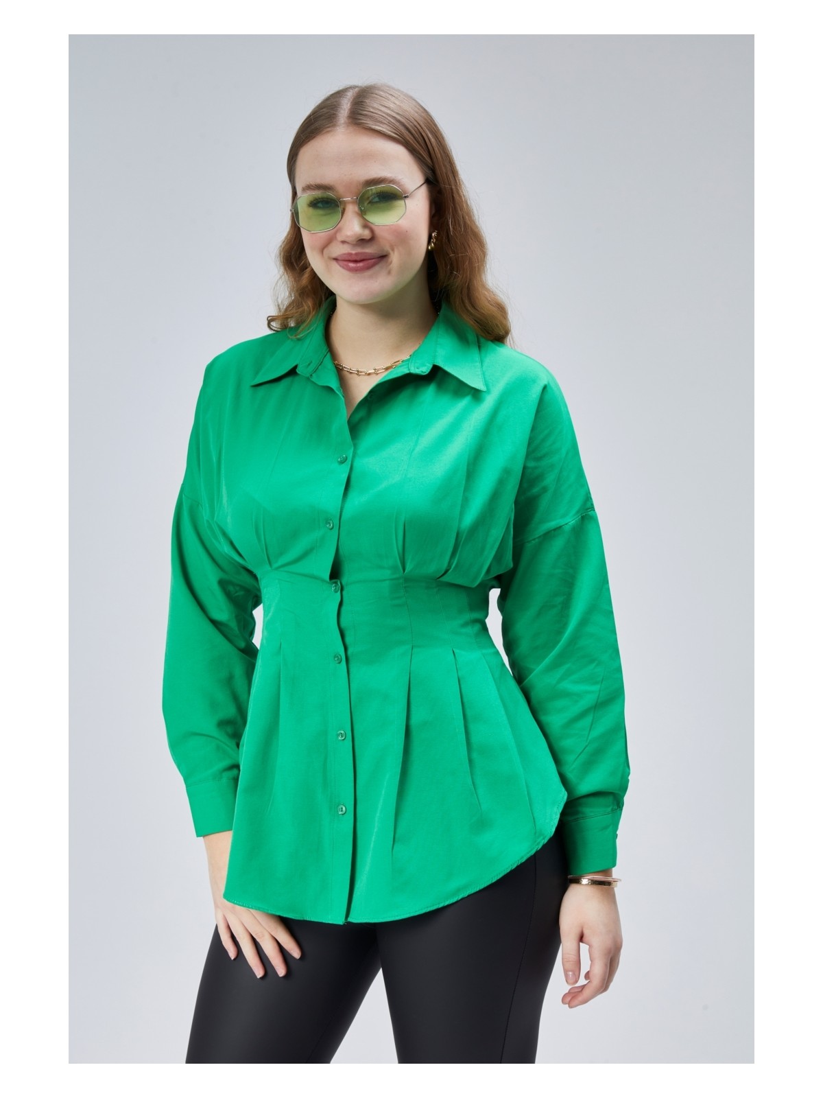 Emmas Clothing Kadın Belden Oturtmalı Pileli Saks Gömlek - Görsel 6