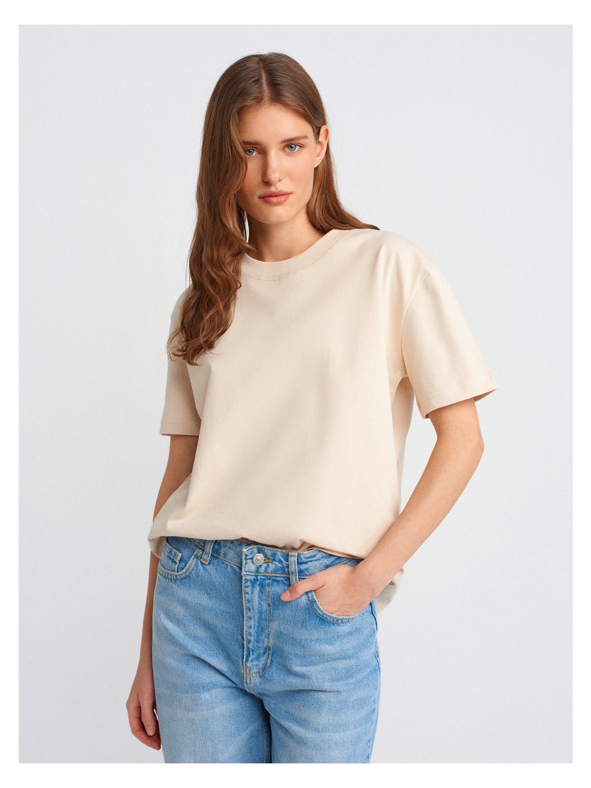 Dilvin 30312 Dekoratif Dikişli Bisiklet Yaka Tshirt-Taş