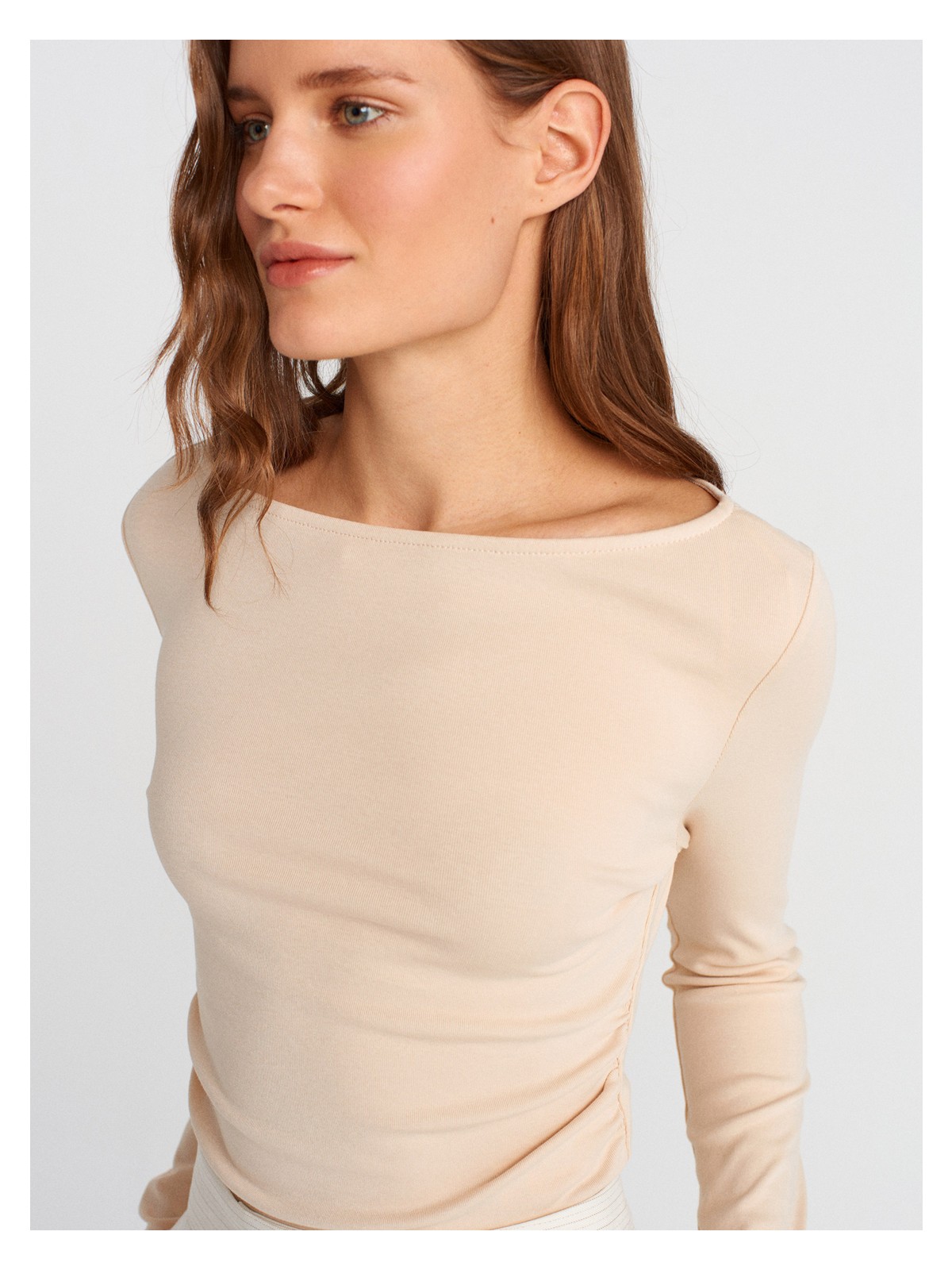 Dilvin 31401 Büzgülü Kayık Yaka Top-Koyu Kahve - Görsel 9