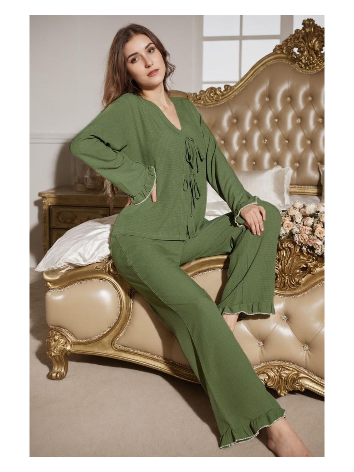 Bella Notte Yeşil Önden Bağlamalı Uzun Pijama Takımı