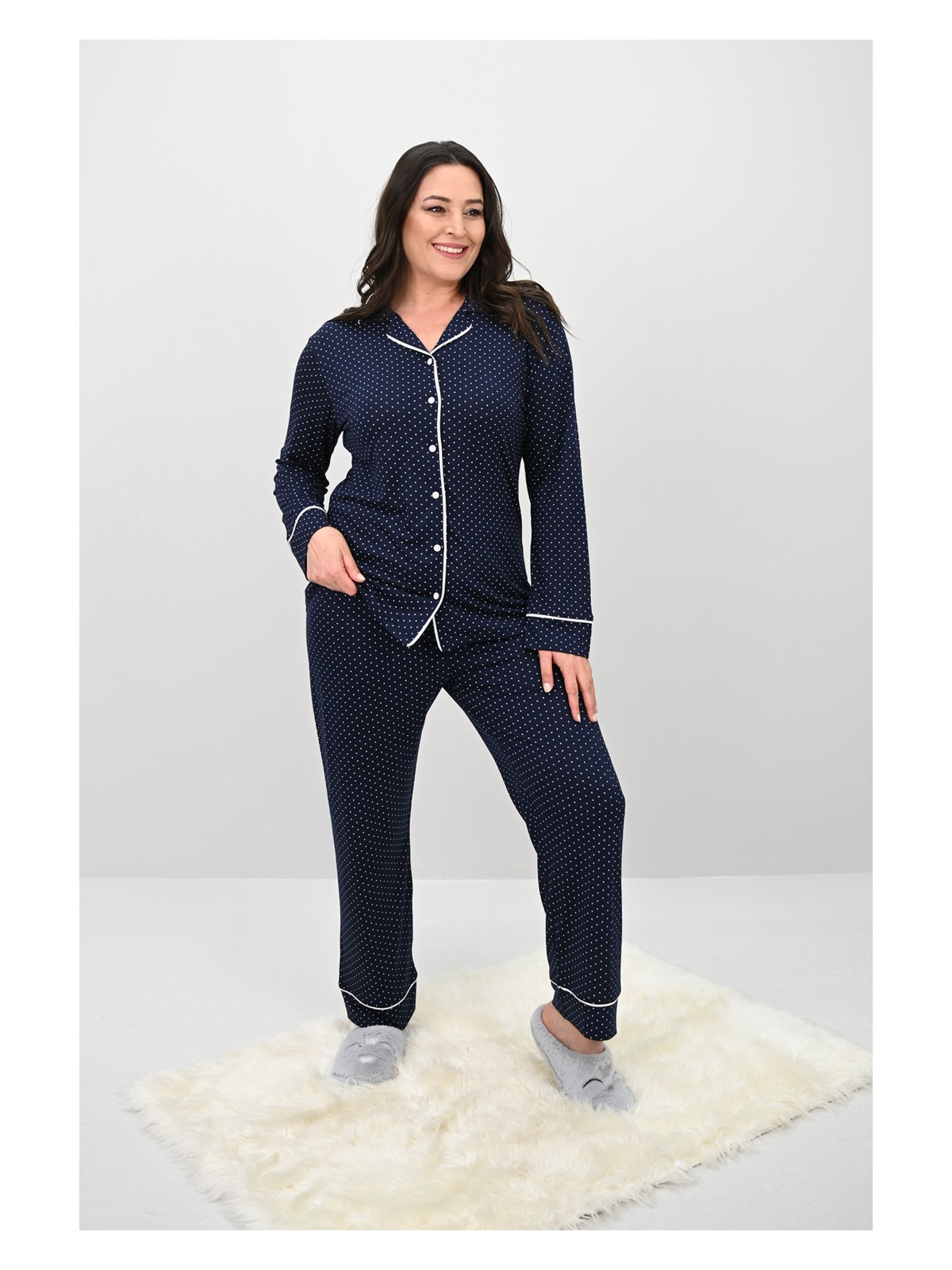 Koza Butik Kadın Büyük Beden Uzun Kollu Önden Düğmeli Pijama Takımı 4234-25 - Görsel 4