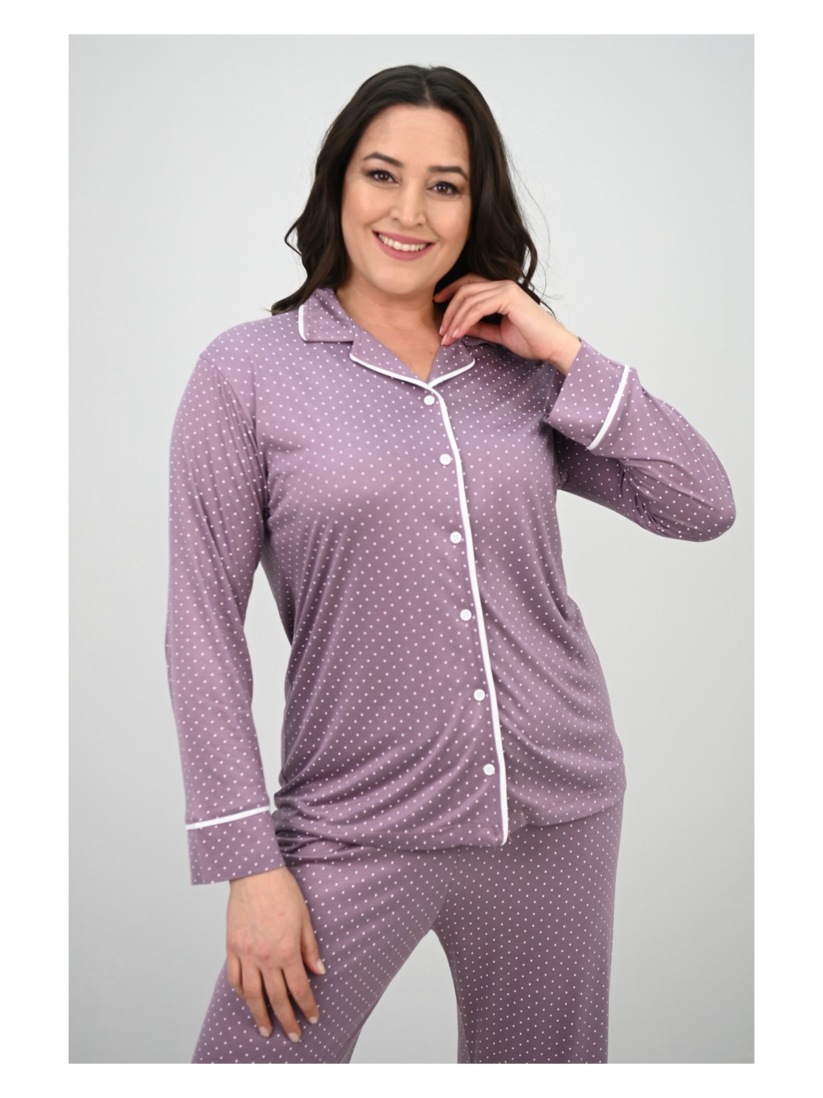 Koza Butik Kadın Büyük Beden Uzun Kollu Önden Düğmeli Pijama Takımı 4234-25