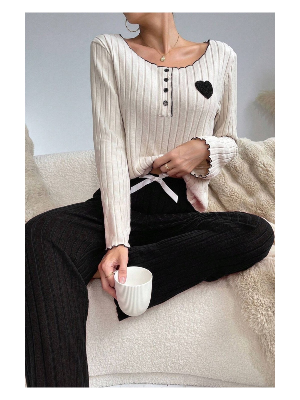 Bella Notte Nakışlı Yeşil Pamuklu Kalp Detaylı Pijama Takımı - Görsel 4