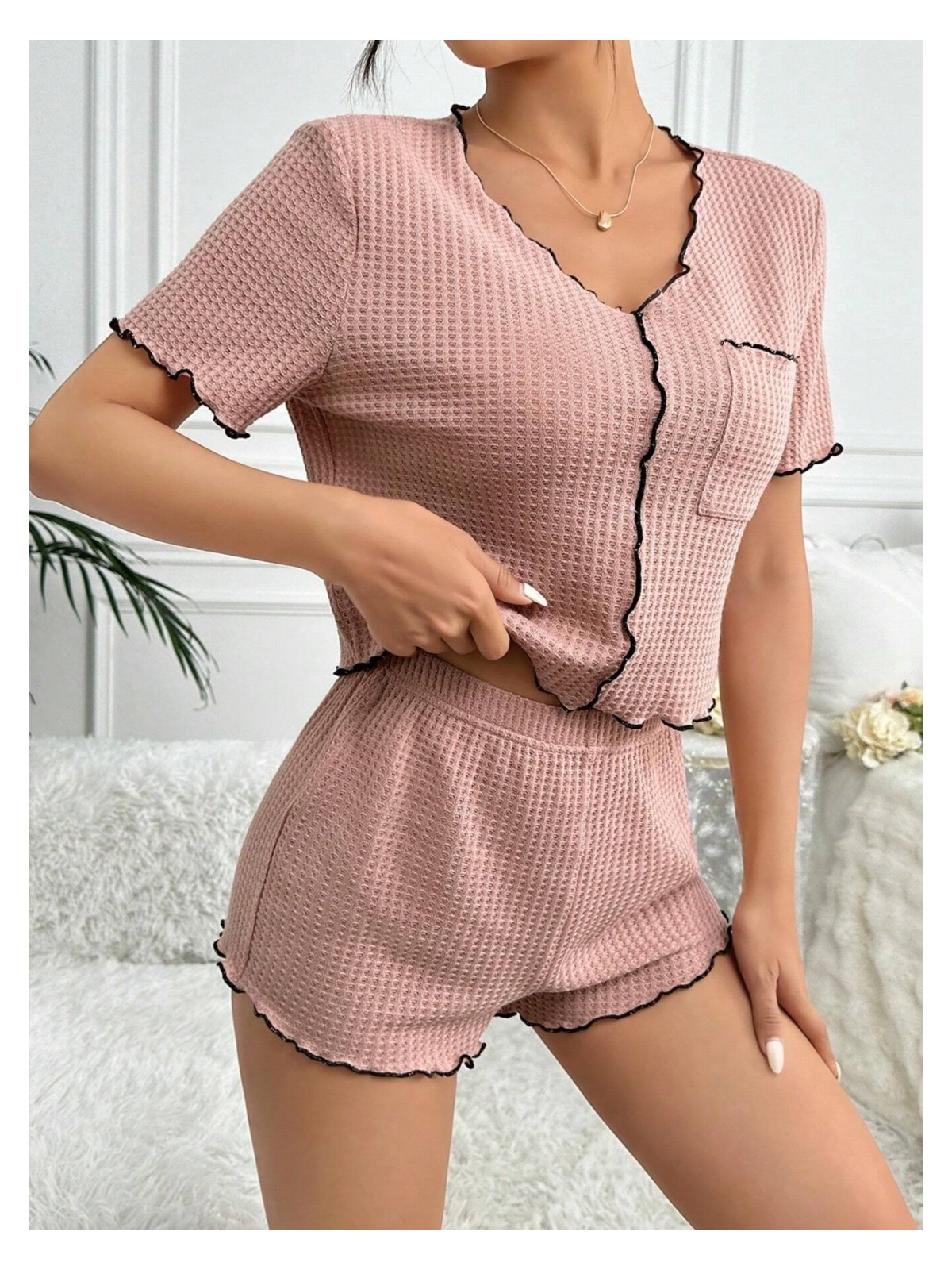 Bella Notte Kadın Pijama Takımı Gül Kurusu Renkli Kısa Kollu Pamuklu Özel Örme Kumaş