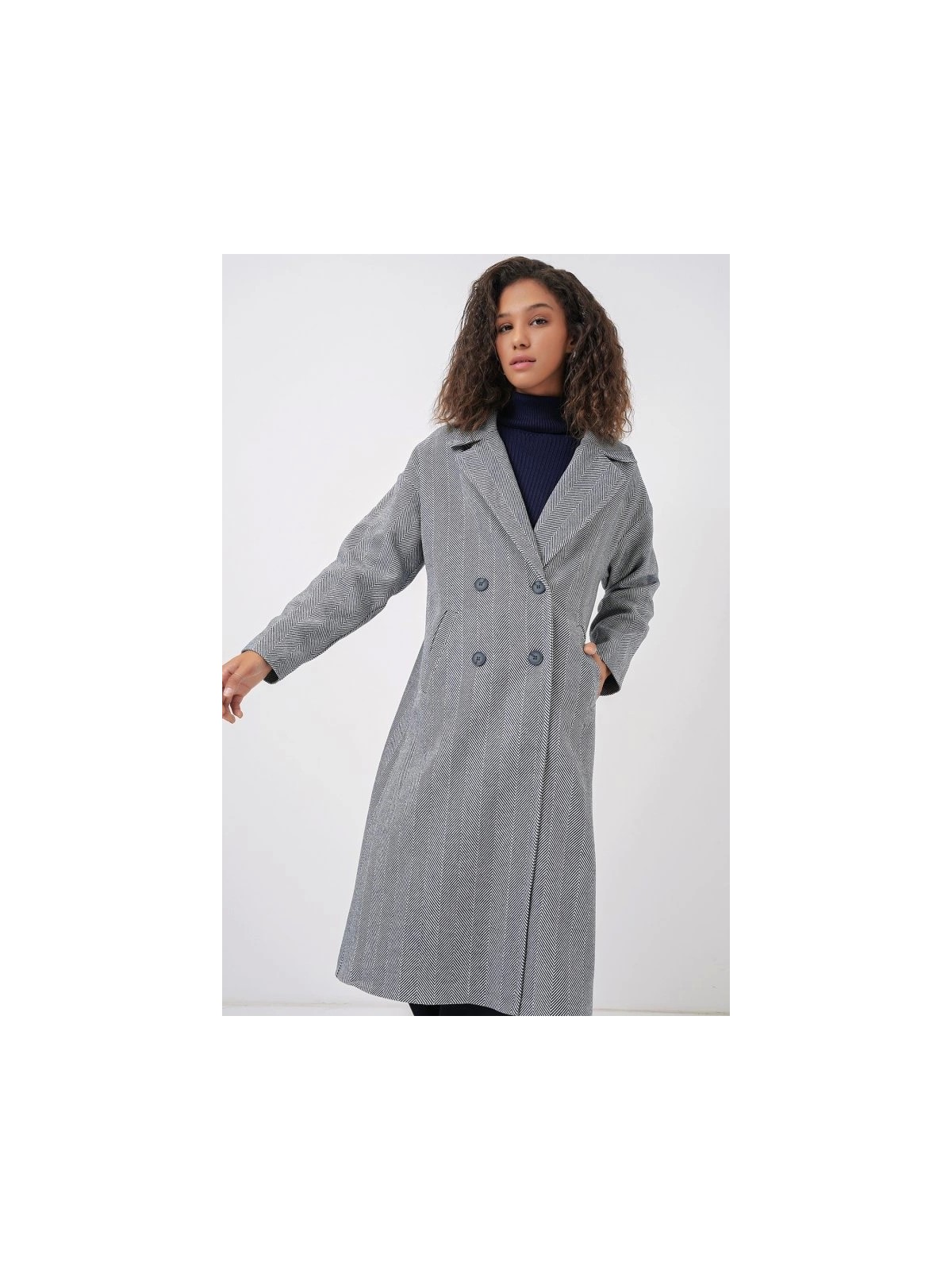 Silerra 9113 Oversize Geniş Kesim Yünlü Uzun Kaşe Kaban F.lacivert