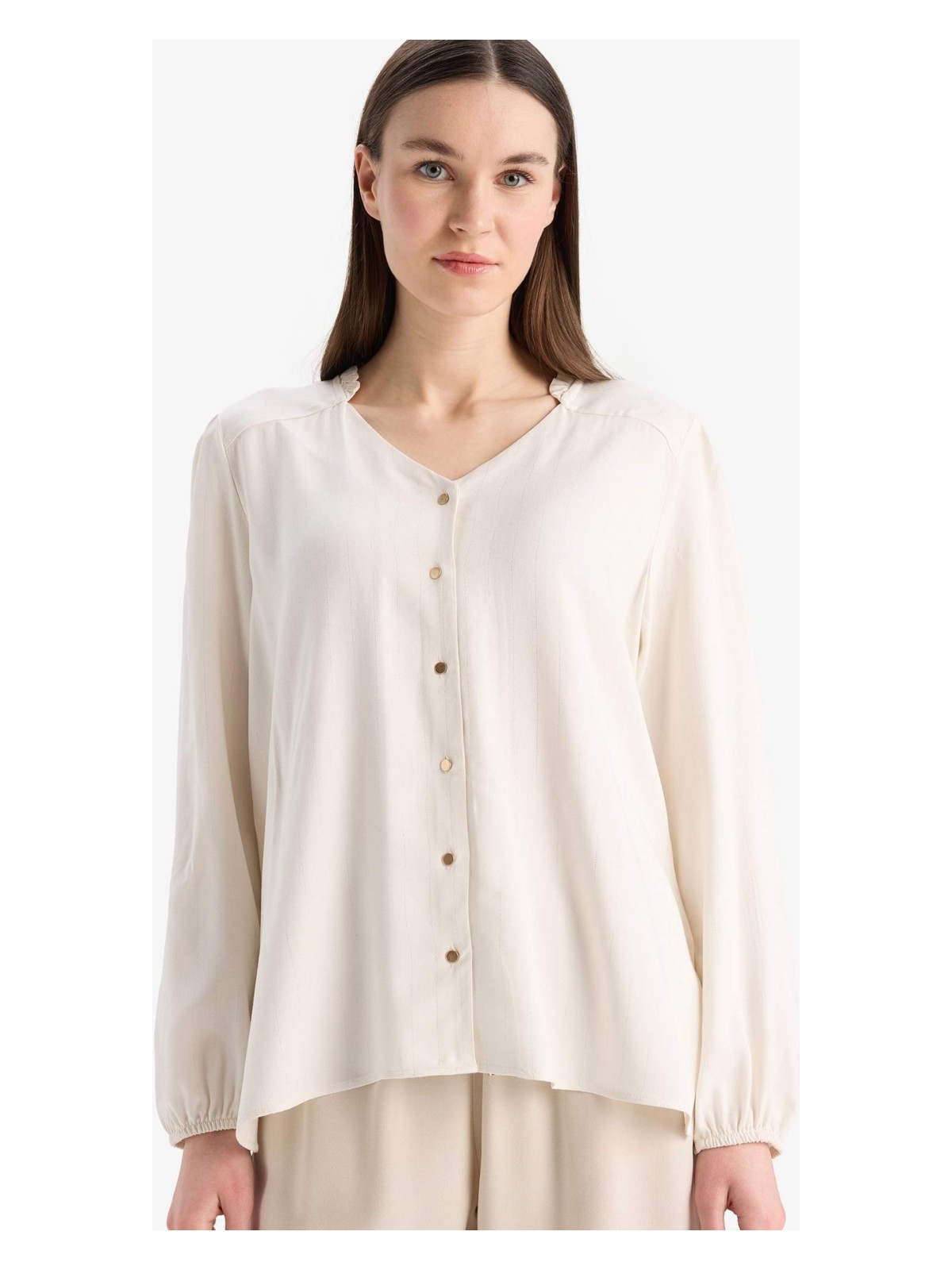 DeFacto Regular Fit Bisiklet Yaka Simli Kumaş Uzun Kollu Gömlek F0226AX25SP