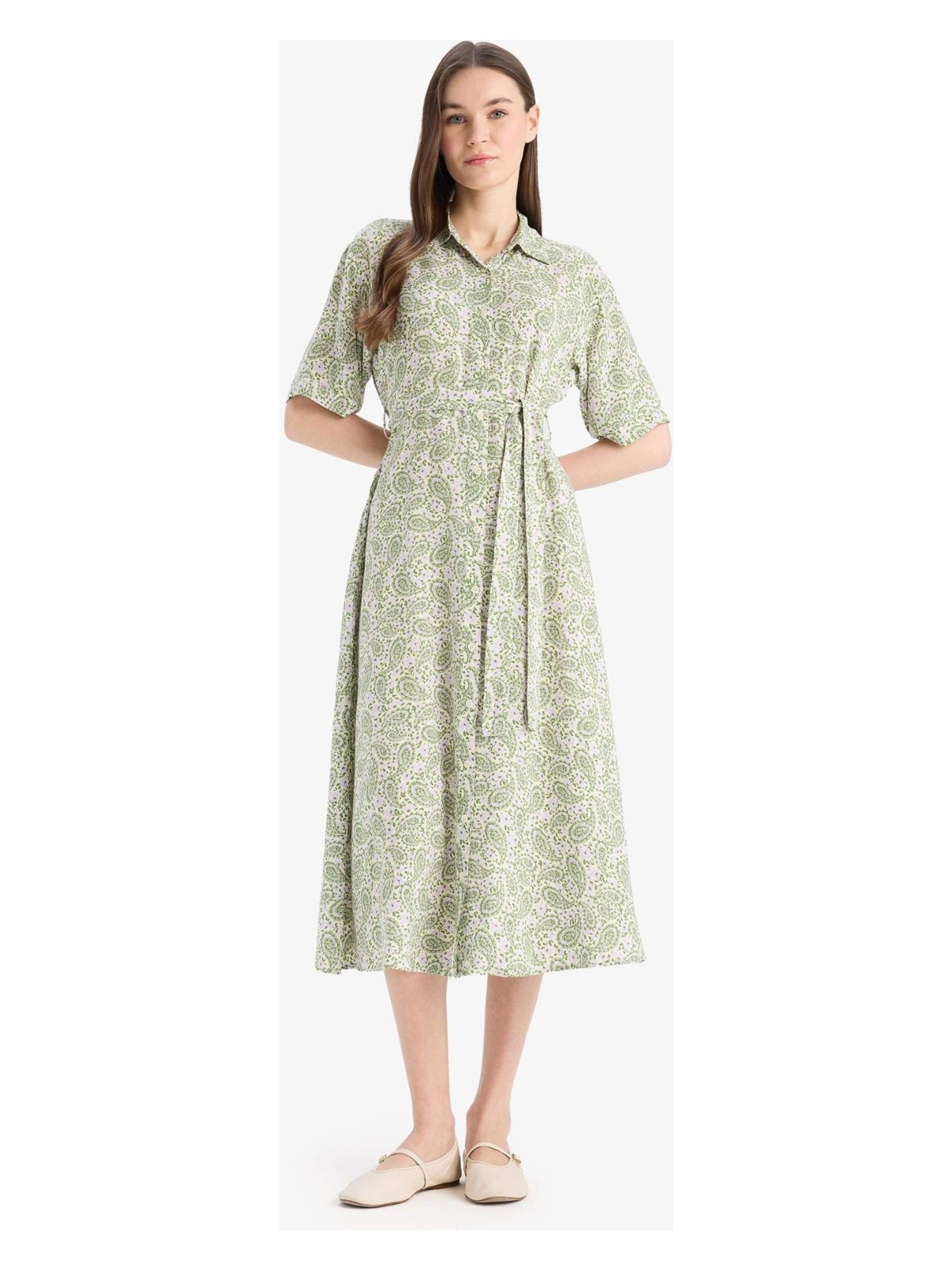 DeFacto A Kesim Gömlek Yaka Desenli Bağcıklı Kısa Kollu Midi Elbise D4575AX25SP - Görsel 3