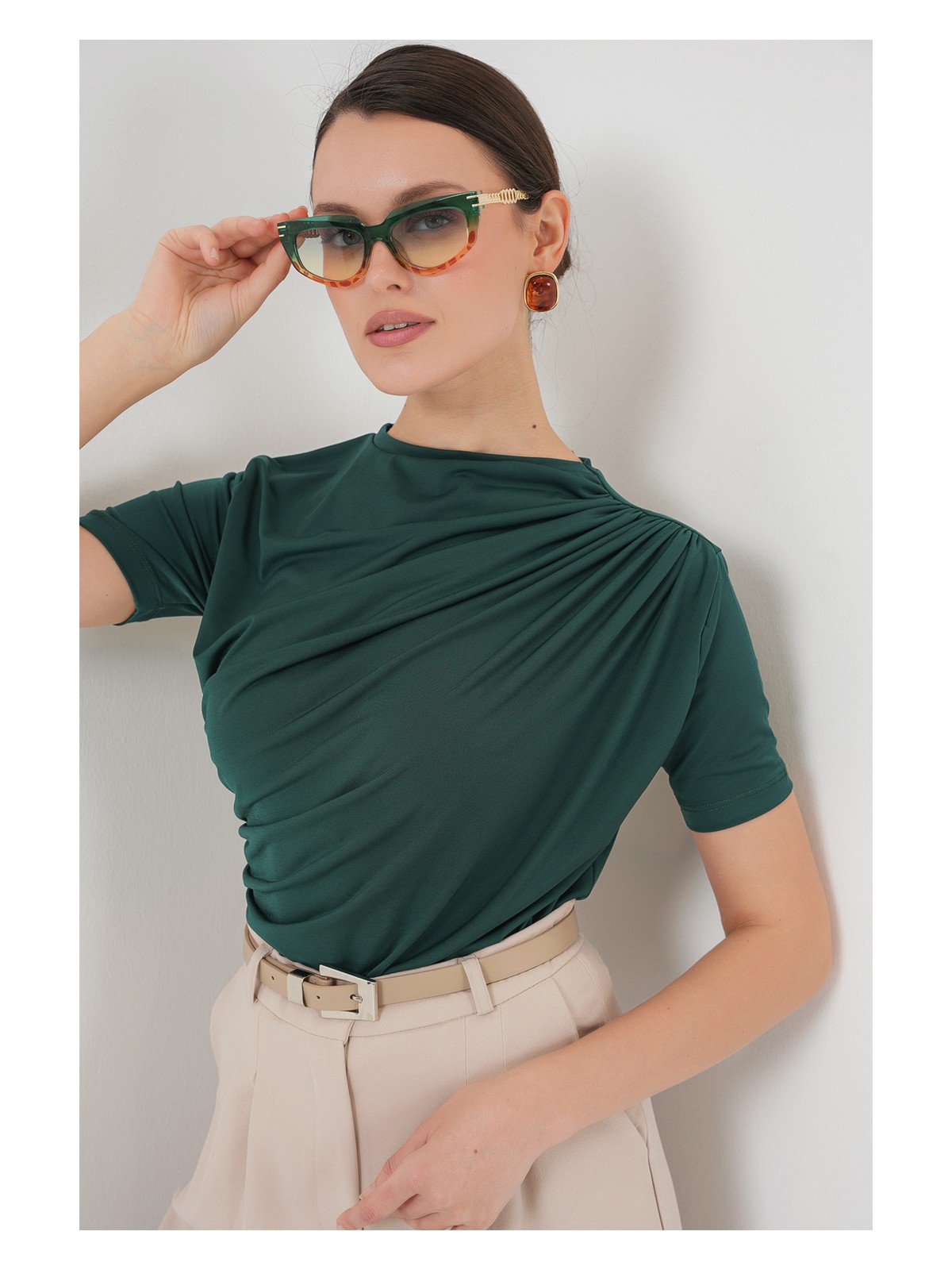 Bigdart Büzgü Detaylı Kısa Kol Sandy Bluz 945 - Saks - Görsel 4