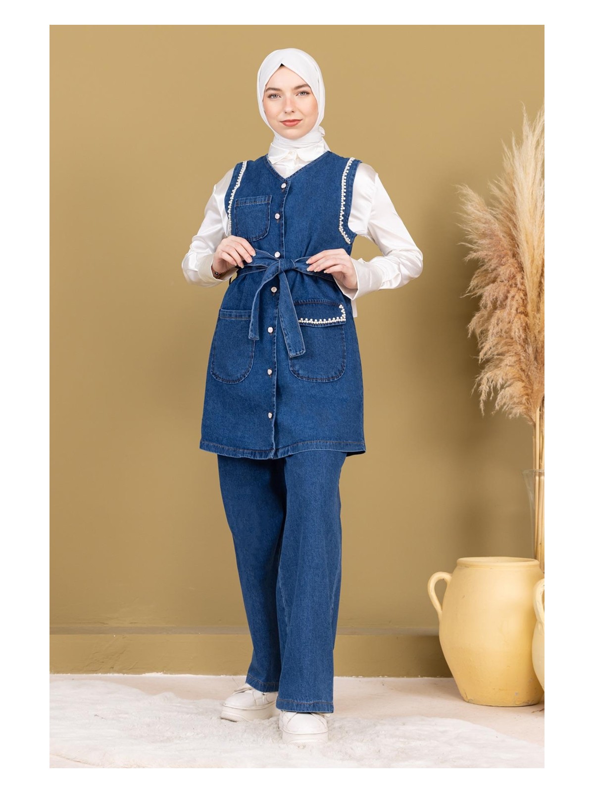 Moda Mihram Inci Detaylı Ikili Takım Koyu Mavi 19245