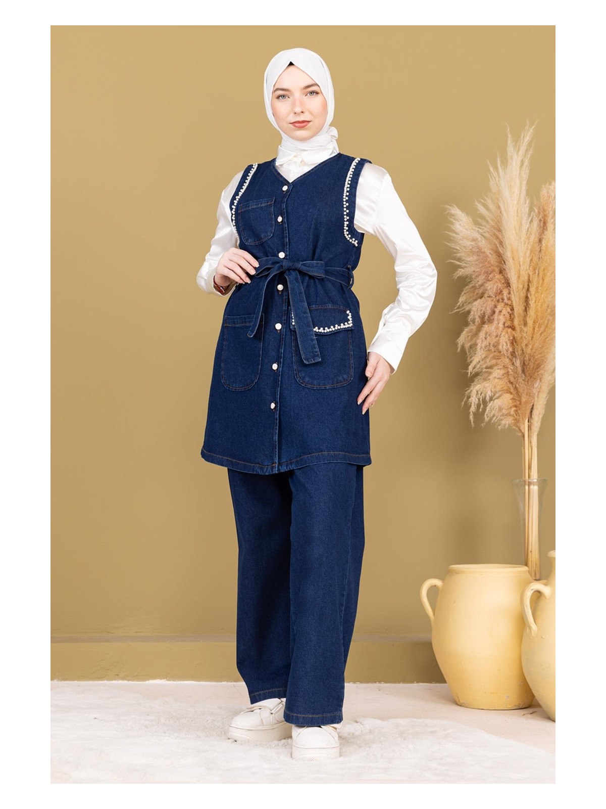 Moda Mihram Inci Detaylı Ikili Takım Koyu Mavi 19245 - Görsel 4