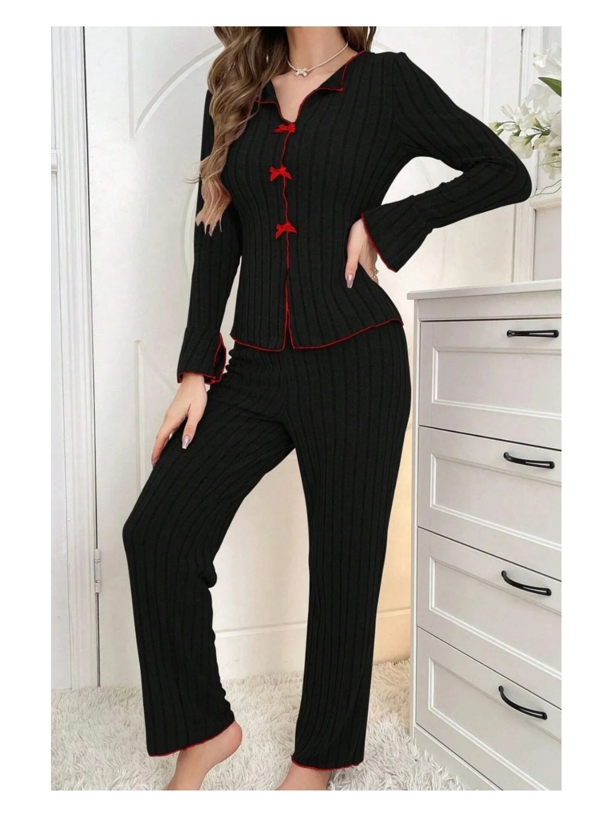 Bella Notte Mavi Uzun Kollu Fiyonk Detaylı Pijama Takımı - Görsel 5