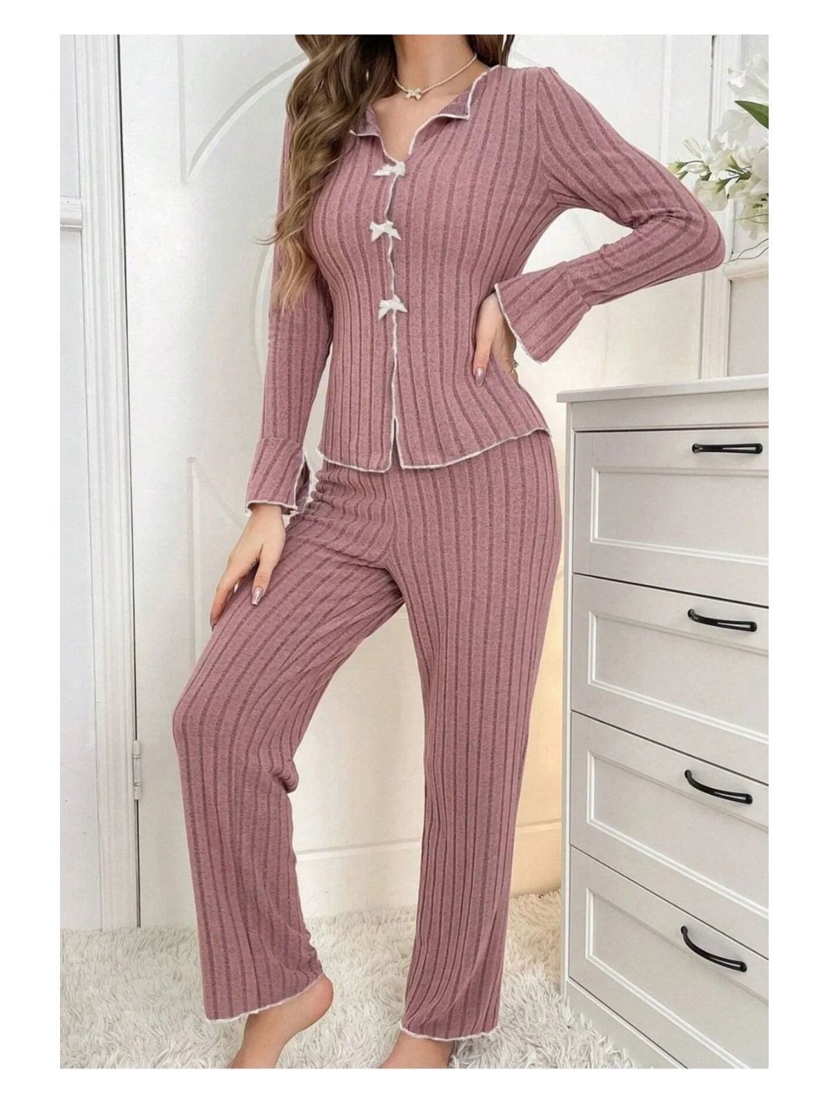 Bella Notte Pamuklu Kırmızı Fiyonk Detaylı Mevsimlik Pijama Takımı - Görsel 4