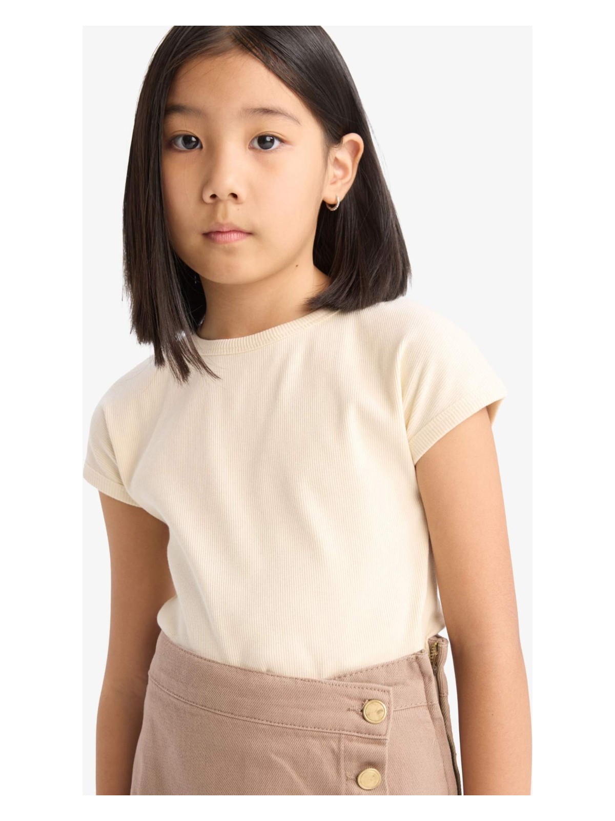 DeFacto Slim Fit Dar Kesim Bisiklet Yaka Basic Düz Fitilli Kaşkorse Kısa Kollu Tişört Kız Çocuk B3053A825SM