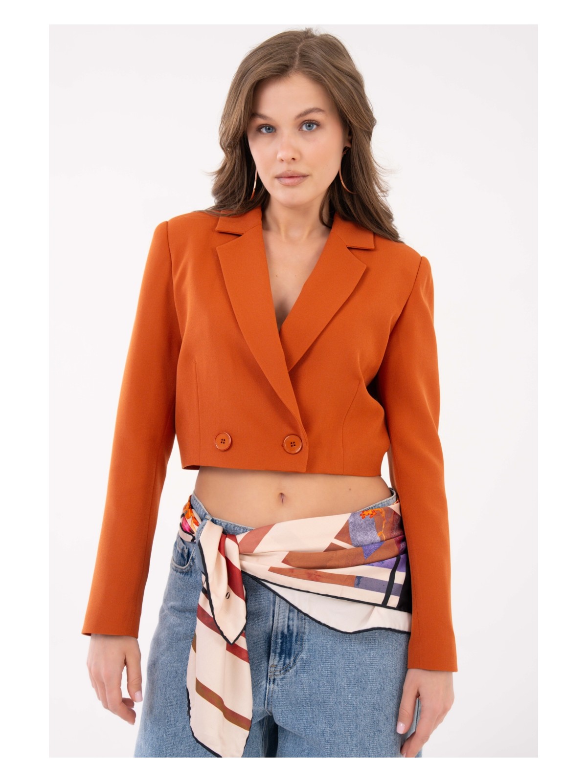 Saade Kiremit Kruvaze Crop Blazer Ceket