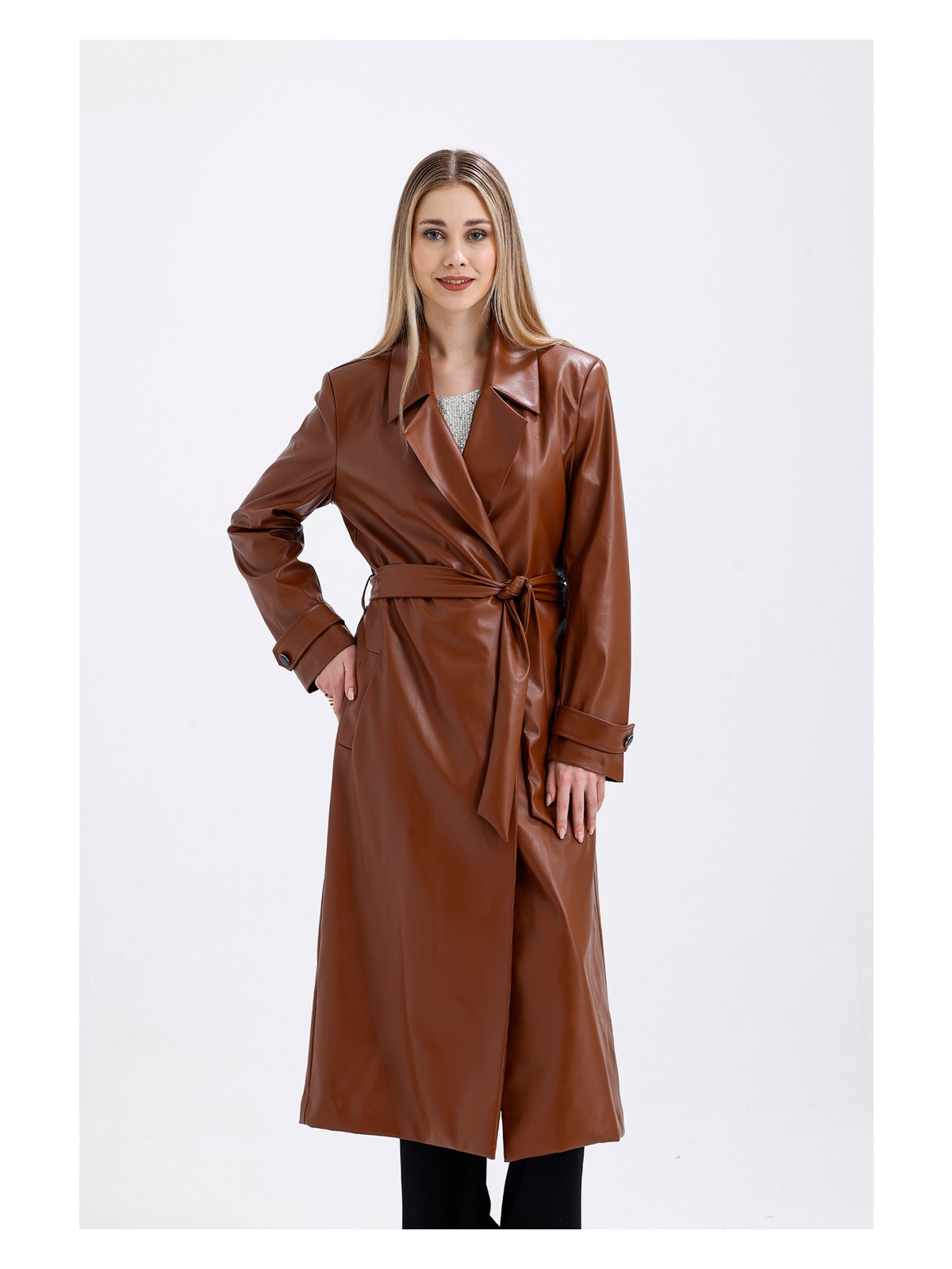 Sense Astarlı Beli Kuşaklı Apoletli Suni Deri Trençkot Pardüsü