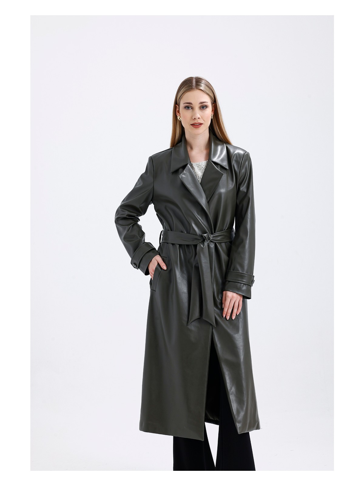 Sense Astarlı Beli Kuşaklı Apoletli Suni Deri Trençkot Pardüsü - Görsel 7