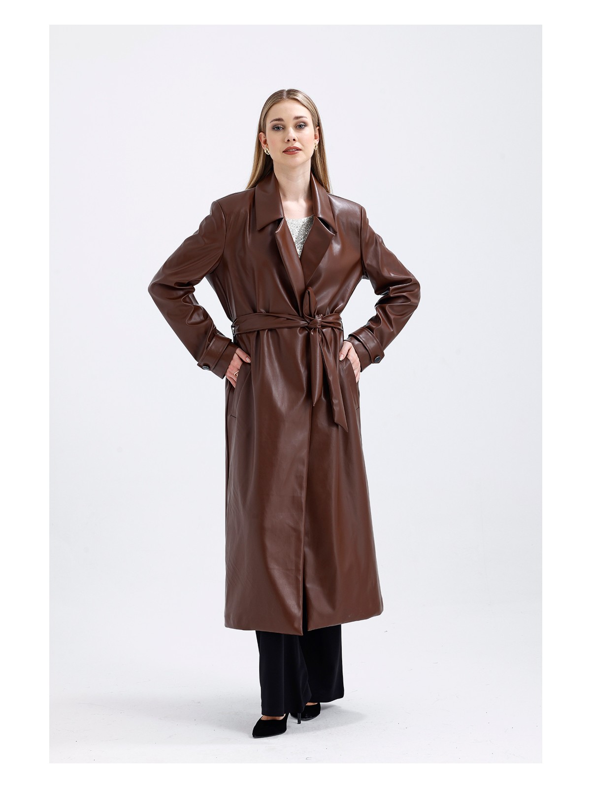 Sense Astarlı Beli Kuşaklı Apoletli Suni Deri Trençkot Pardüsü - Görsel 6