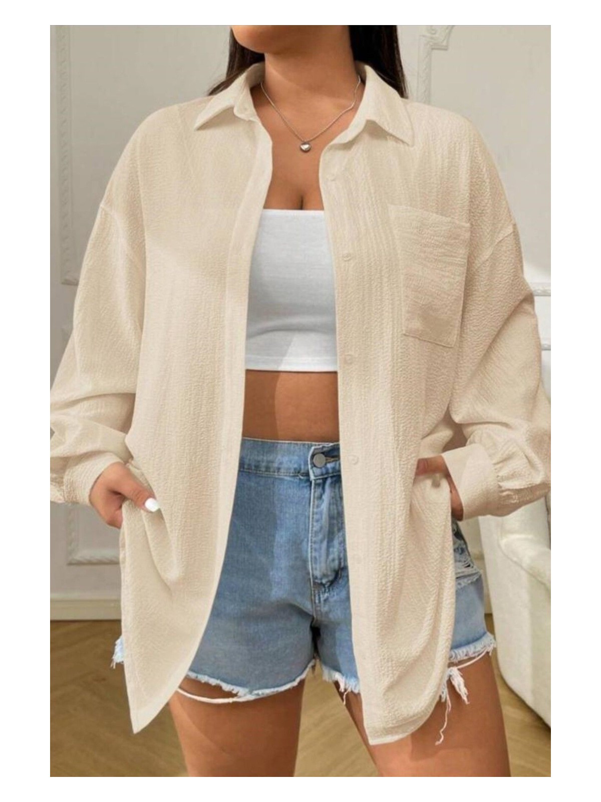 Trendseninle Kadın Beyaz Tek Cepli Bürümcük Oversize Gömlek - Görsel 3