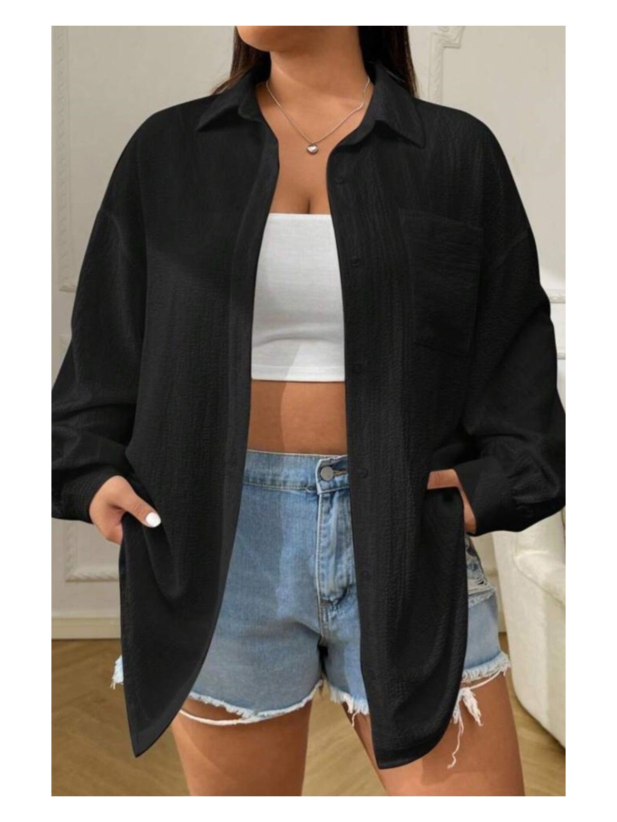 Trendseninle Kadın Beyaz Tek Cepli Bürümcük Oversize Gömlek - Görsel 5