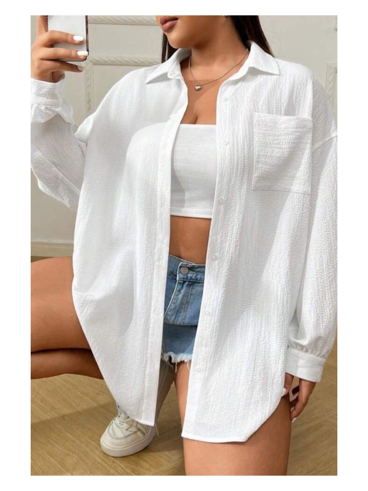 Trendseninle Kadın Siyah Tek Cepli Bürümcük Oversize Gömlek - Görsel 4