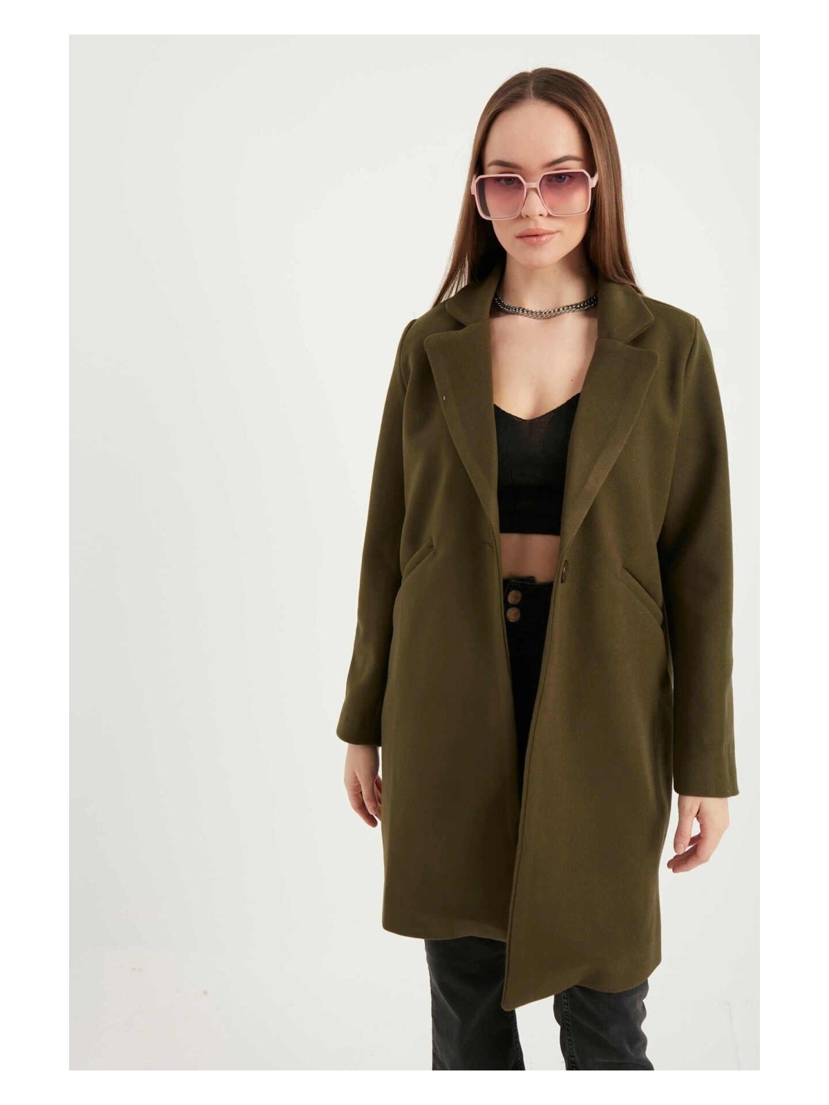 Meecy Kadın Haki Kaşe Kaban - Görsel 7