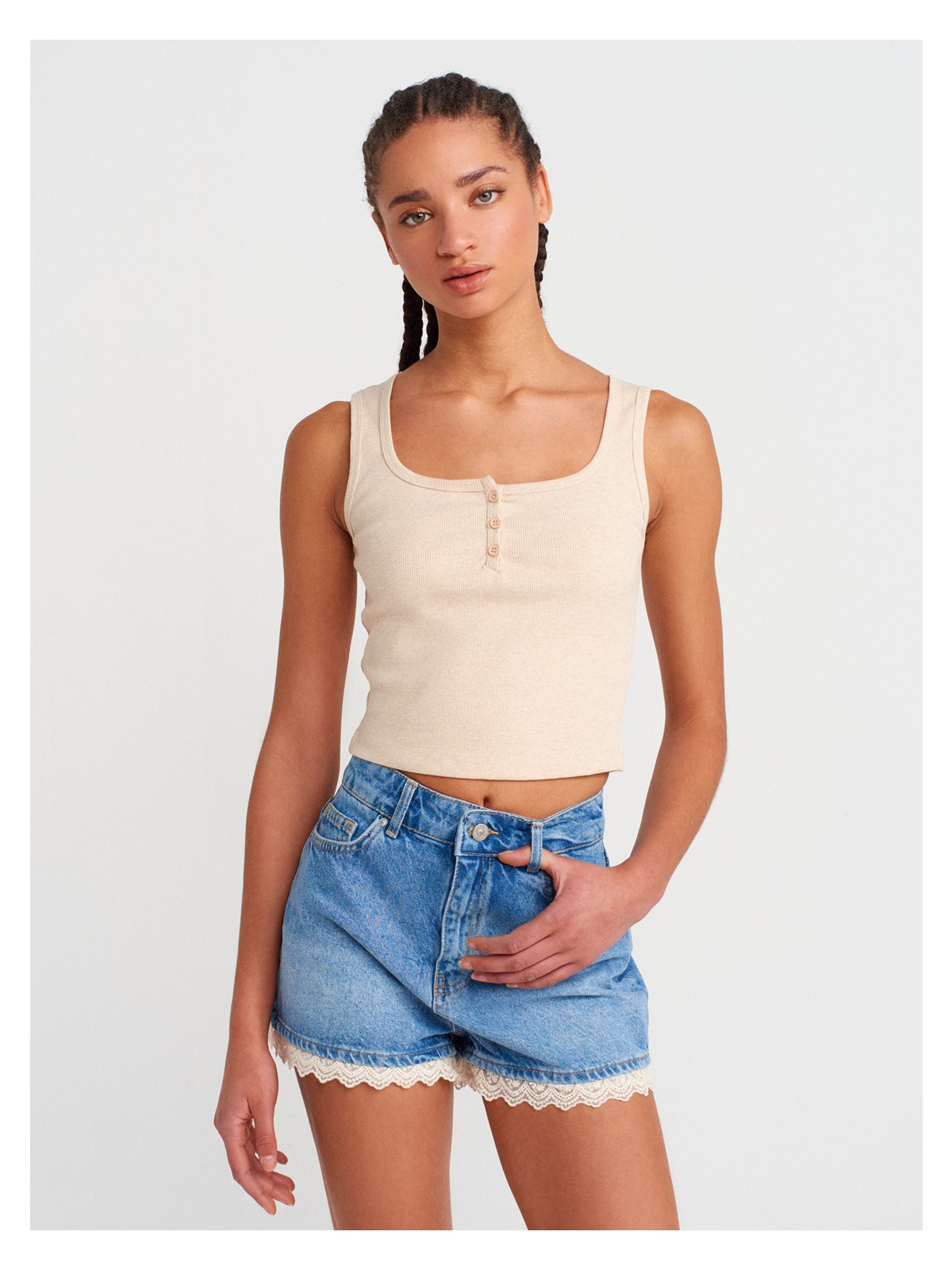 Dilvin 20983 Düğmeli Kare Yaka Top-Gri Melanj - Görsel 4