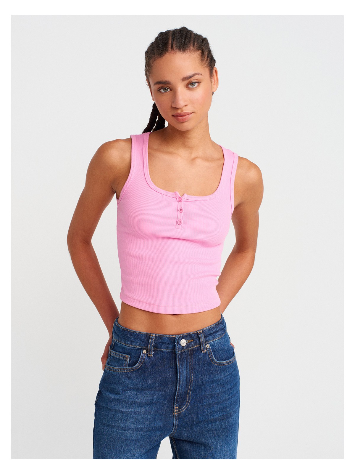 Dilvin 20983 Düğmeli Kare Yaka Top-Gri Melanj - Görsel 3